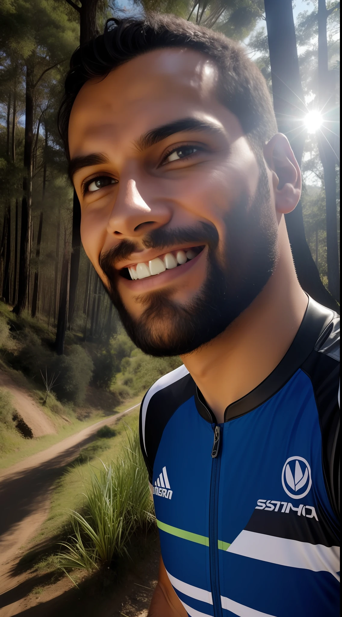 ultra realista em 8k de um homem sorrindo enquanto anda de MTB em uma estrada tranquila, sob um clima ensolarado. The camera must be at a low angle, registrando o movimento da bicicleta e o rosto radiante do homem. Pay attention to details, como reflexos de luz na bicicleta, sombras suaves no rosto do homem e a atmosfera vibrante do dia ensolarado.