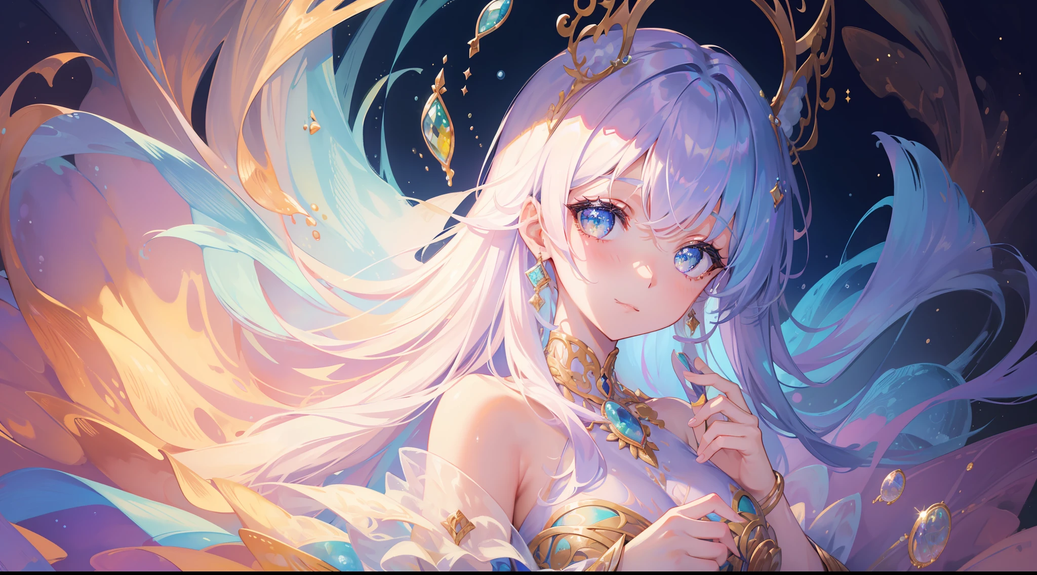 masterpiece, best quality, 8k resolution, sharp focus, intricate detail, beautiful girl, sparkling eyes, golden ratio face, otherworldly liquid, watercolor, ((pastel colors)), bright colors, whimsical, colorful, sharp focus, high resolution, fine detail, ((layered ballgown)), iridescent bubbles
