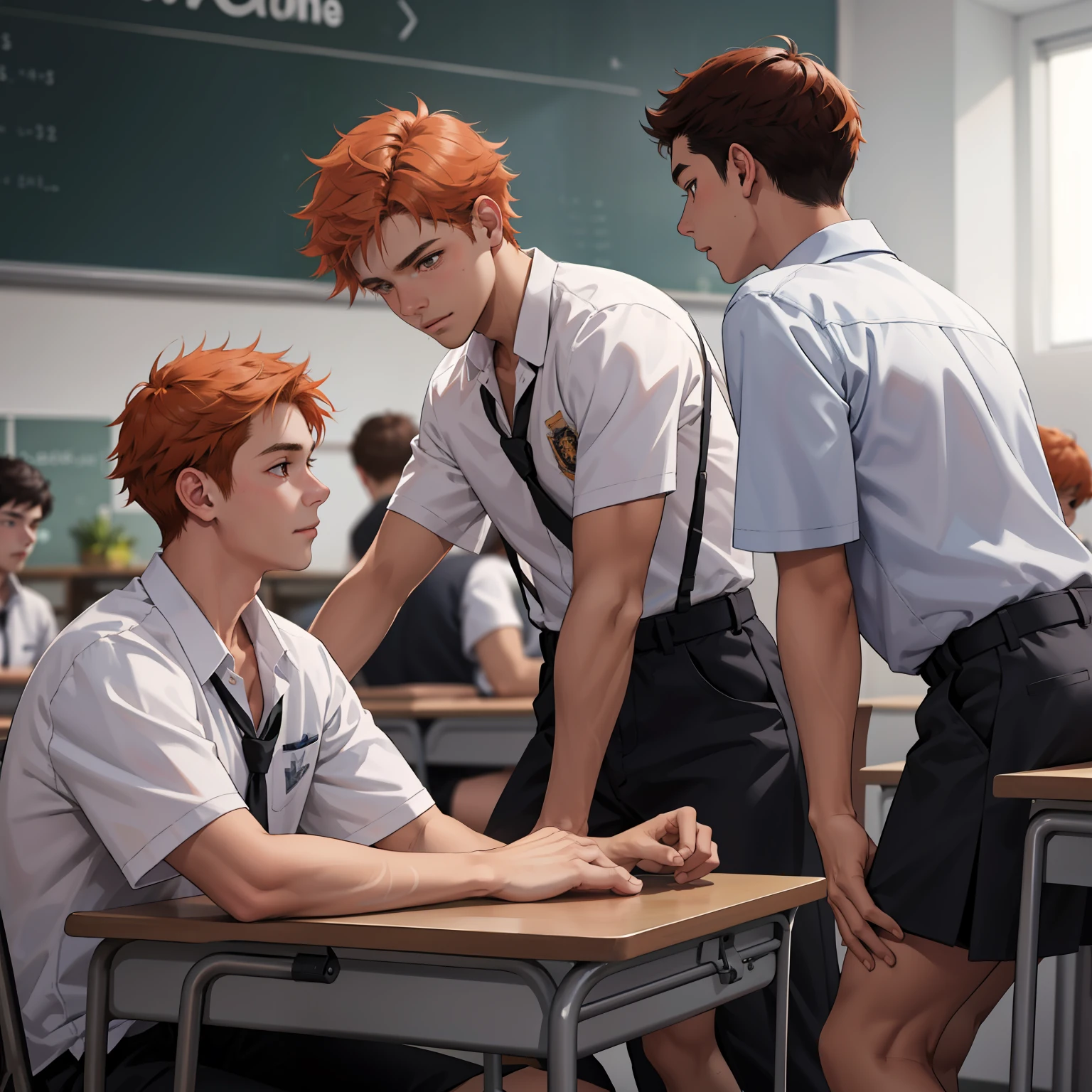 -yeld maadolescents with brown Latin skin and orange hair, estan en la escuela hablan preocupados sobre algo importante