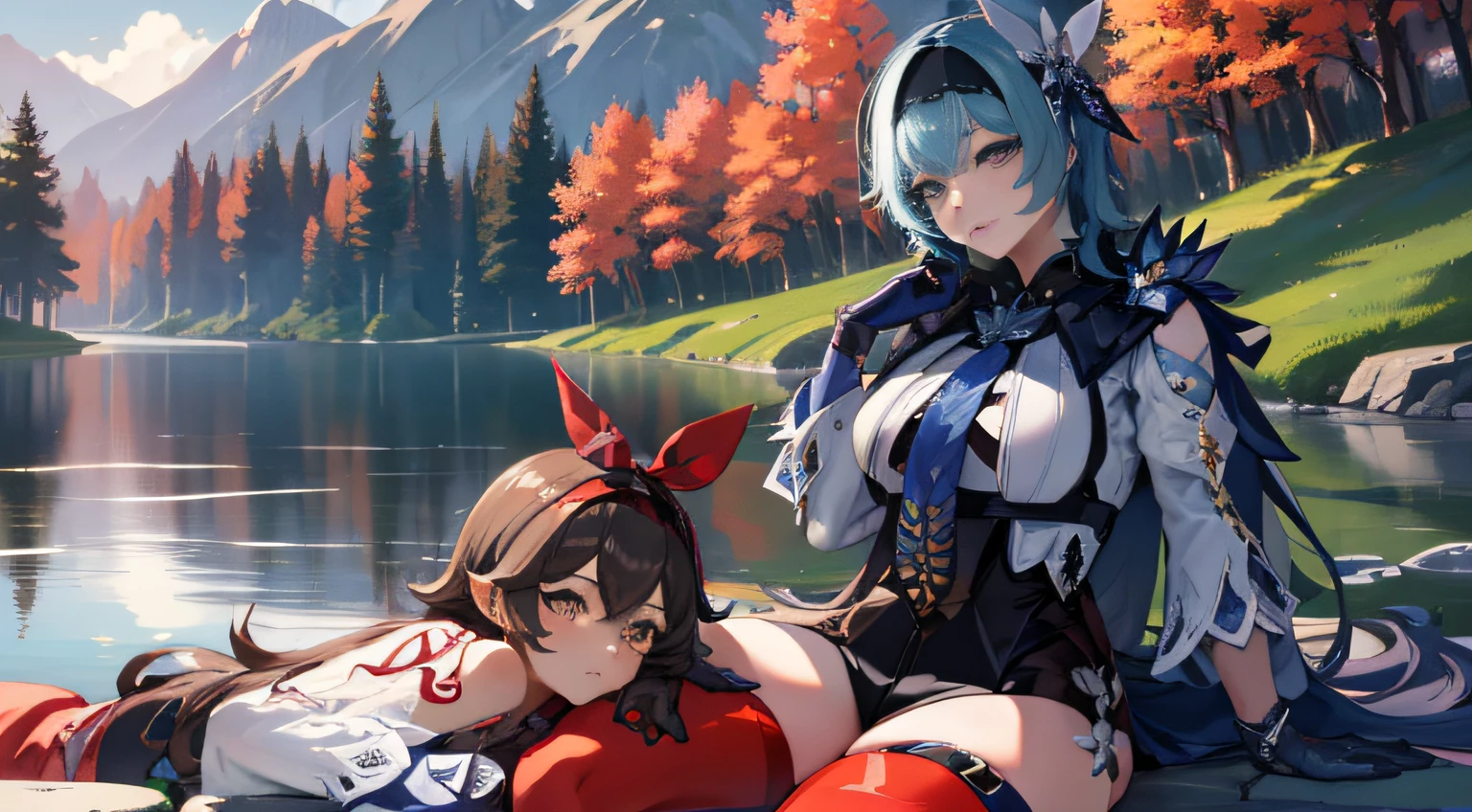 , , (2 Girls 1.4), (The 1st person uses lora1 Eula Genshin Impact | Lora Character 1644), (The 2nd person uses lora2 Amber Genshin Impact | Lora Character 782)Two women were sitting on the floor and one was holding a knife in hand.................................., One woman carries another woman.................................., Sit with your wrists together.................................., Two beautiful girls in love, Two women.................................., Lesbian Art, Homosexual girl groups, Handshake, vector art illustration, flat illustration, Flat shading illustration, Lie down with your wrists together.................................., two girls, lesbian, Embrace Lesbians,(2:Girls together...................................), (NSTDA.:1.2), (10, beste-Qualit, master-piece: 1.4), ultra-high resolution, (lifelike, photorealistic portrait: 1.48), 25 years old, Cute Girl, (See through the bikini beetle), Famous Japanese actors, beautiful clear eyes, G Cup Big Breasts, Head tilt., cowboy shot, from the side, looking at the audience, expressionless, Beautiful lake, Zeiss 150mm F/ 2.8 Hasselblad, Around the lake there are high mountains surrounded by striped mountains....................................., Whole body, foot, Ultra-Wide Angle, The backyard is a beautiful sea....................................................................................... ,