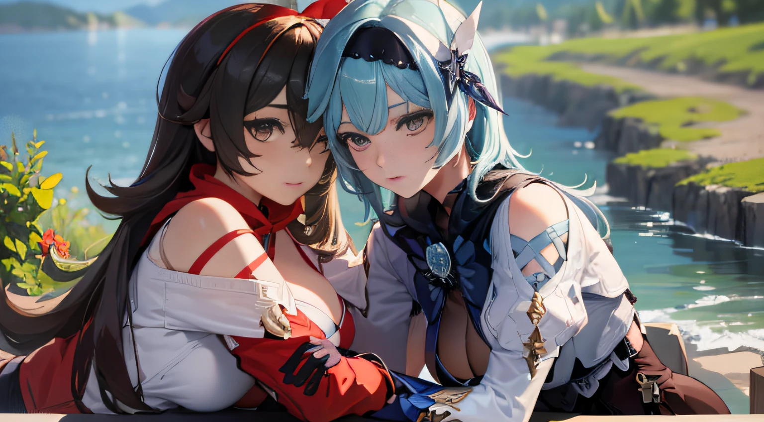 , , (2 Girls 1.4), (The 1st person uses lora1 Eula Genshin Impact | Lora Character 1644), (The 2nd person uses lora2 Amber Genshin Impact | Lora Character 782)Two women were sitting on the floor and one was holding a knife in hand.................................., One woman carries another woman.................................., Sit with your wrists together.................................., Two beautiful girls in love, Two women.................................., Lesbian Art, Homosexual girl groups, Handshake, vector art illustration, flat illustration, Flat shading illustration, Lie down with your wrists together.................................., two girls, lesbian, Embrace Lesbians,(2:Girls together...................................), (NSTDA.:1.2), (10, beste-Qualit, master-piece: 1.4), ultra-high resolution, (lifelike, photorealistic portrait: 1.48), 25 years old, Cute Girl, (See through the bikini beetle), Famous Japanese actors, beautiful clear eyes, G Cup Big Breasts, Head tilt., cowboy shot, from the side, looking at the audience, expressionless, Beautiful lake, Zeiss 150mm F/ 2.8 Hasselblad, Around the lake there are high mountains surrounded by striped mountains....................................., Whole body, foot, Ultra-Wide Angle, The backyard is a beautiful sea....................................................................................... ,