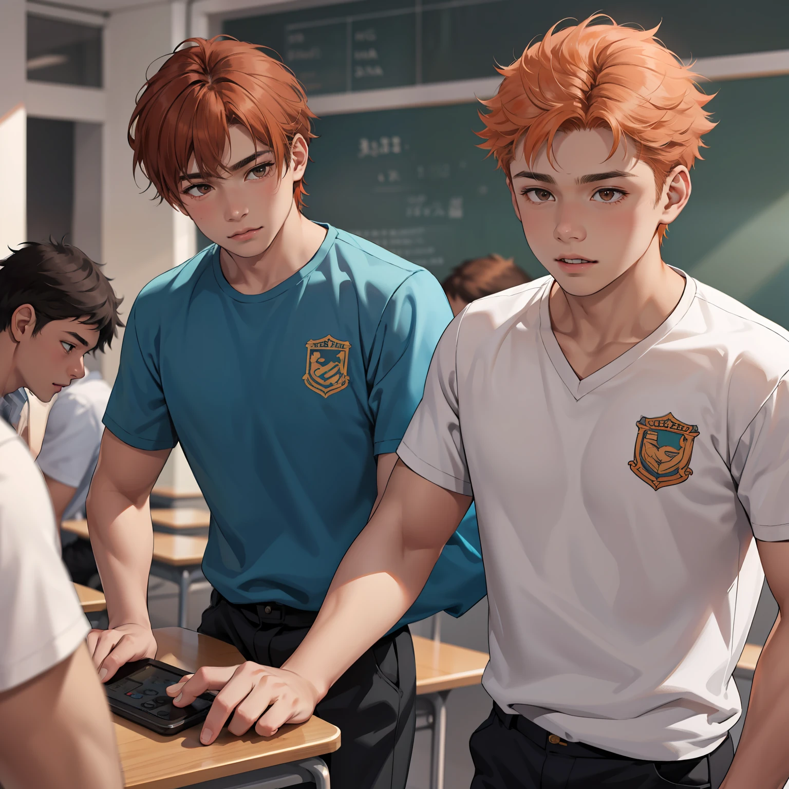 15-year-old male adolescents with brown Latin skin and orange hair, estan en la escuela hablan preocupados sobre algo importante