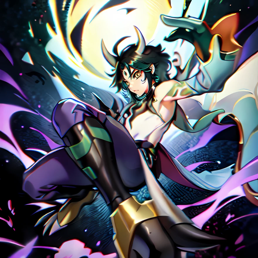 yellow eyes, green hair, short hair, tattoo, forehead tattoo, necklace, 1boy, solo focus, male focus, black within green hair, xiao \(genshin impact\) as a Digimon, digimon \(creature\), ((Bird like)), ((Demon like)),((green, white, Black and Purple color scheme)),(( high quality Masterpiece))