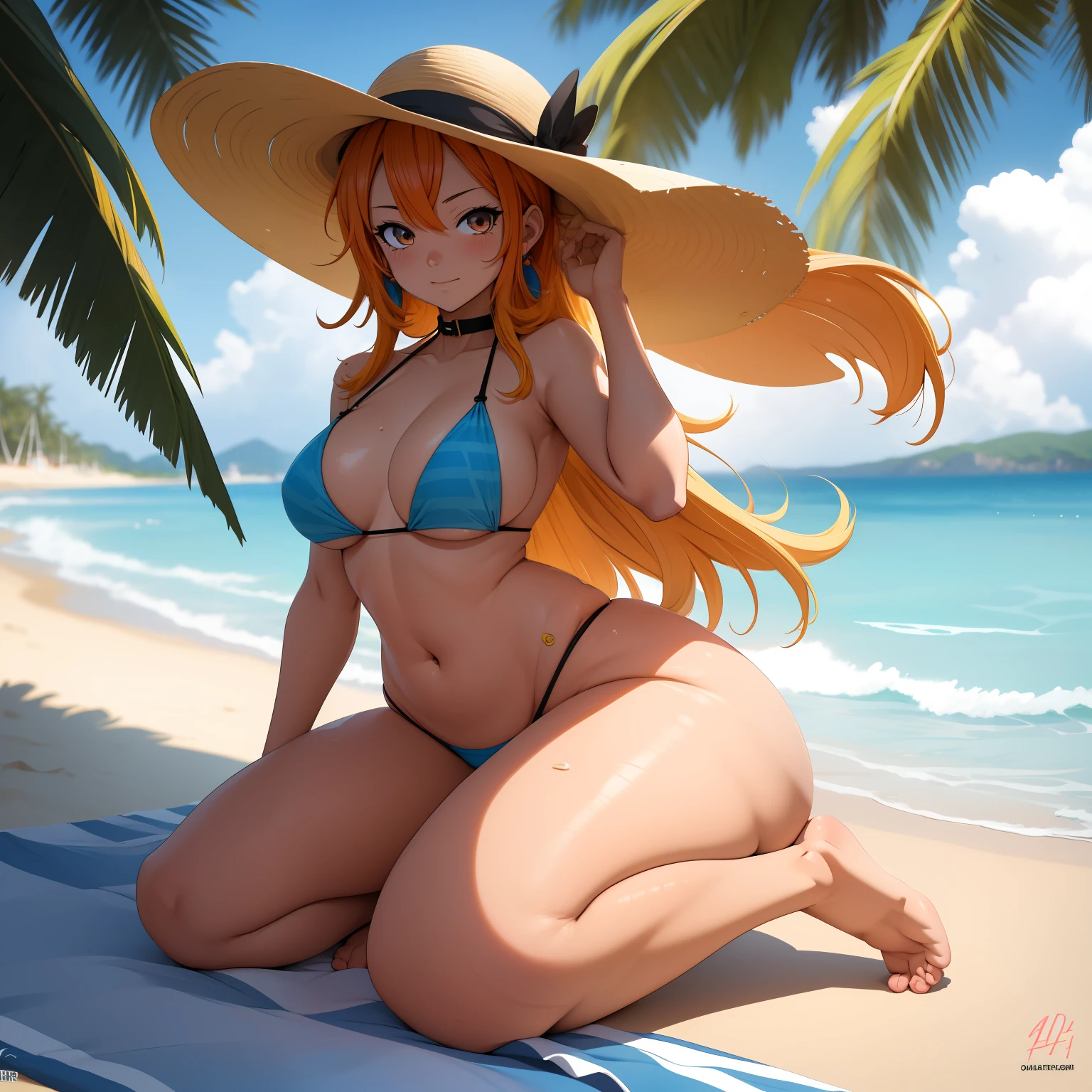 anime girl in a bikini and a hat on the beach, at the beach, at a beach, on a sunny beach, swimsuit, extremely detailed artgerm, on a beach, nami one piece, in the beach, cutesexyrobutts, in bikini, beaching, on the beach, nami, from one piece, commission for high res