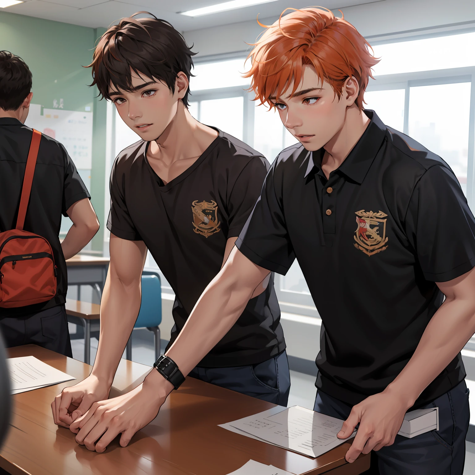 15-year-old male adolescents with brown Latin skin and orange hair, estan en la escuela hablan preocupados sobre algo importante