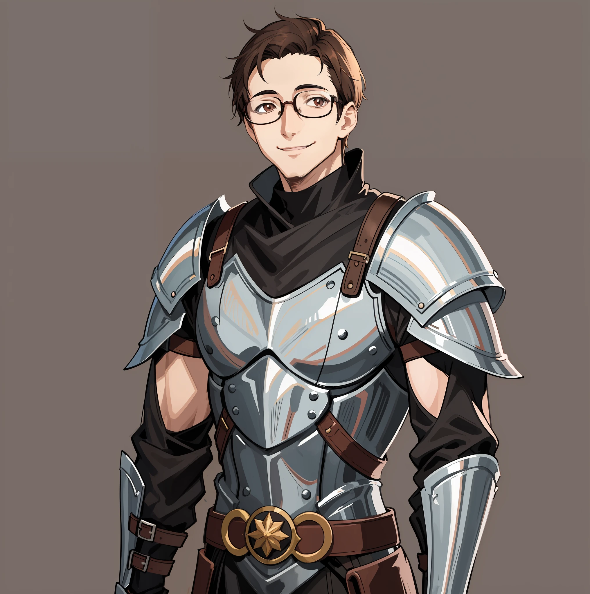 Screenshot of the anime Brown-haired, short-haired, bespectacled man in medieval European knight costume stands looking at us with a smile。The body shape is thin。Fine line art 2020s anime