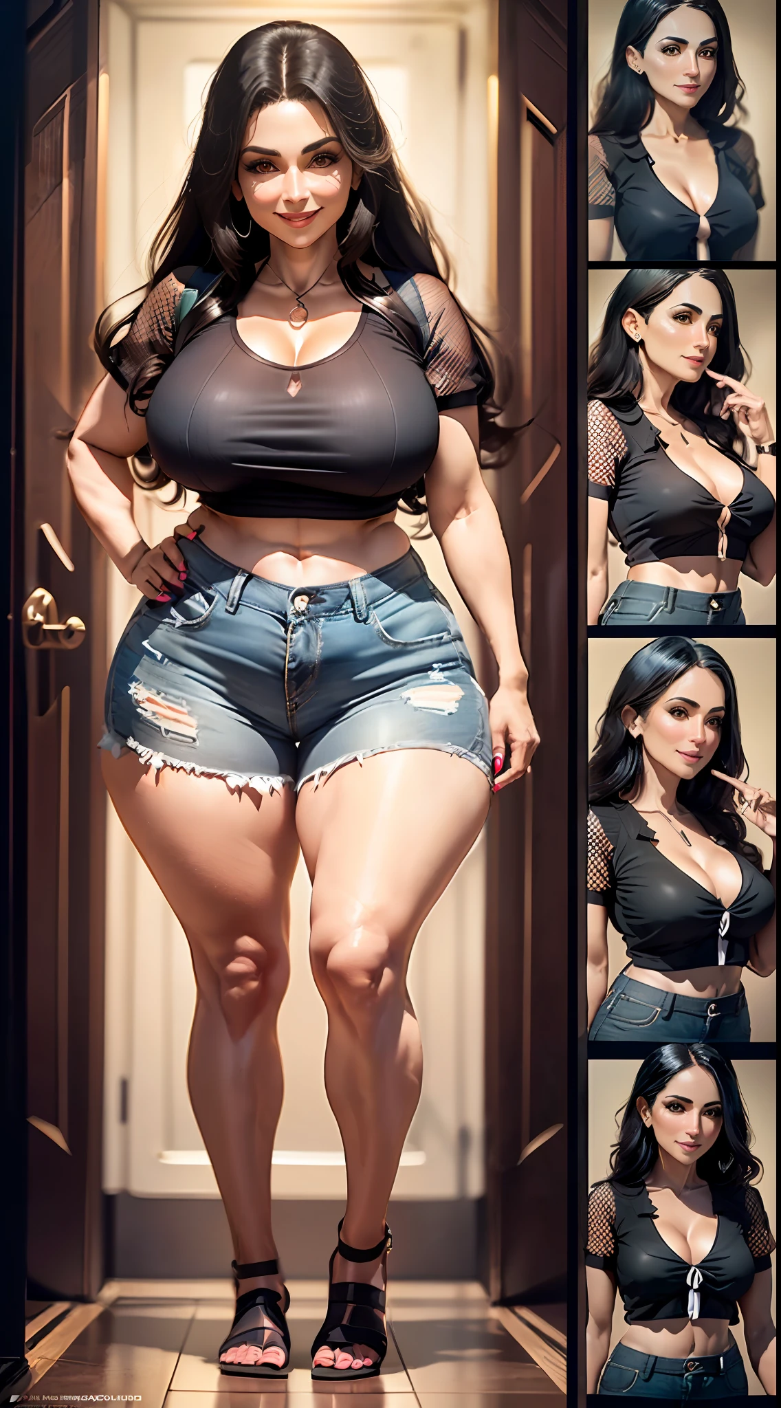 (full body), (alone), ultra high quality, maximum resolution, 8K, mulher branca, 50 anos de idade, (rosto muito detalhado), (intrincate details), (olhos muito detalhados), extremamente bonita, sorriso radiante, (studio illumination), textura natural, (quadris mega largos), (coxas muito grossas), (seios grandes), (front view), (wearing a micro short e translucid blouse),