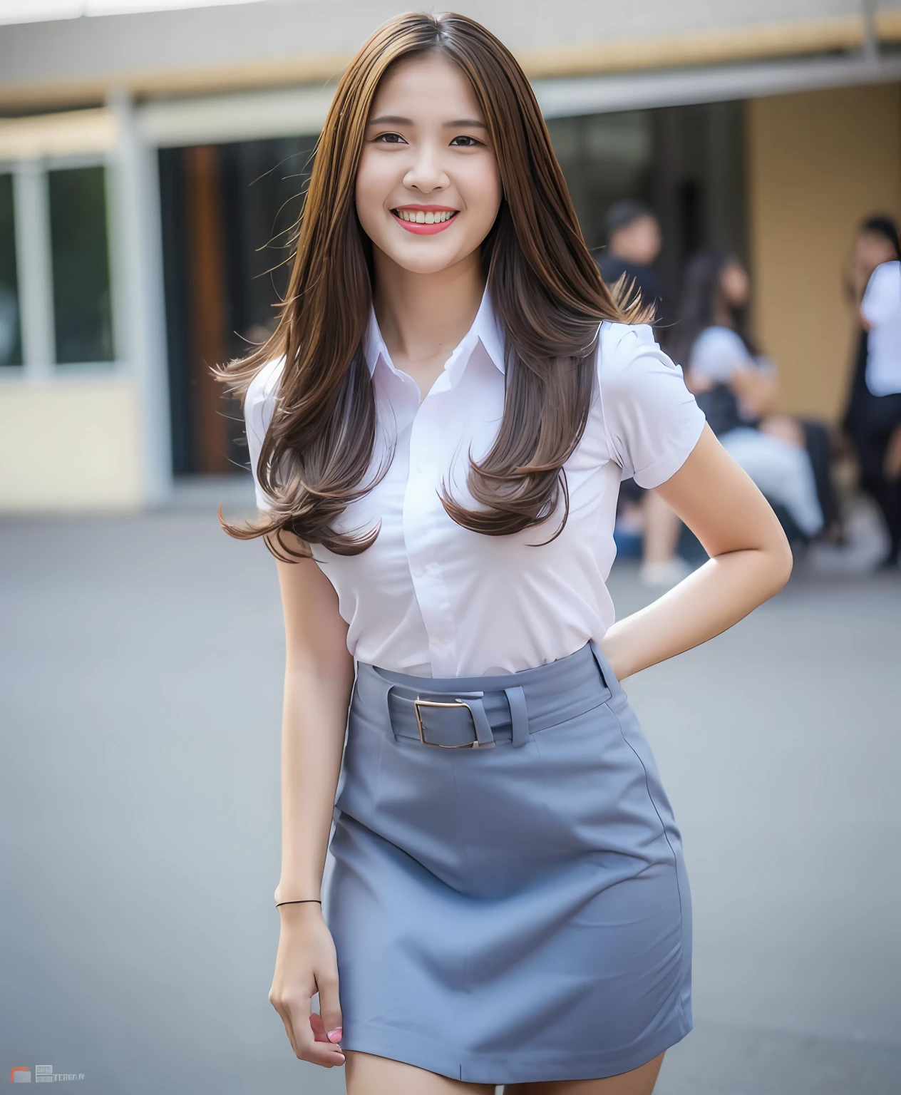 ((masterpiece, best quality)), (1girl), (solo), (female focus), ( brown hair, long hair), black eyes, light smile, open mouth, (white shirt),(grey skirt, mini skirt), standing, street background, arms behind back, dynamic angle, large boobs,
