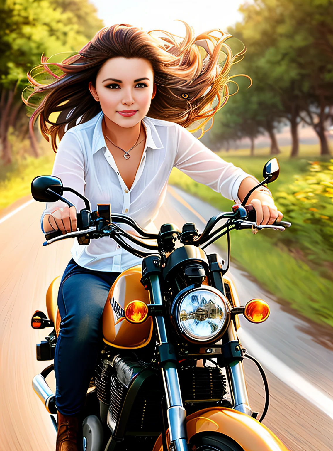 Woman riding a motorcycle on a country road with trees in the background, airbrush digital oil painting, Conducir una motocicleta, Estilo de arte fotorrealista, Estilo de arte fotorrealista, Pintura digital fotorrealista, Pintura digital de dibujos animados, rob rey and kentarõ miura style, Montar en moto, Foto de una motera, Estilo de pintura digital, Airbrush Digital Painting, Motocicletas