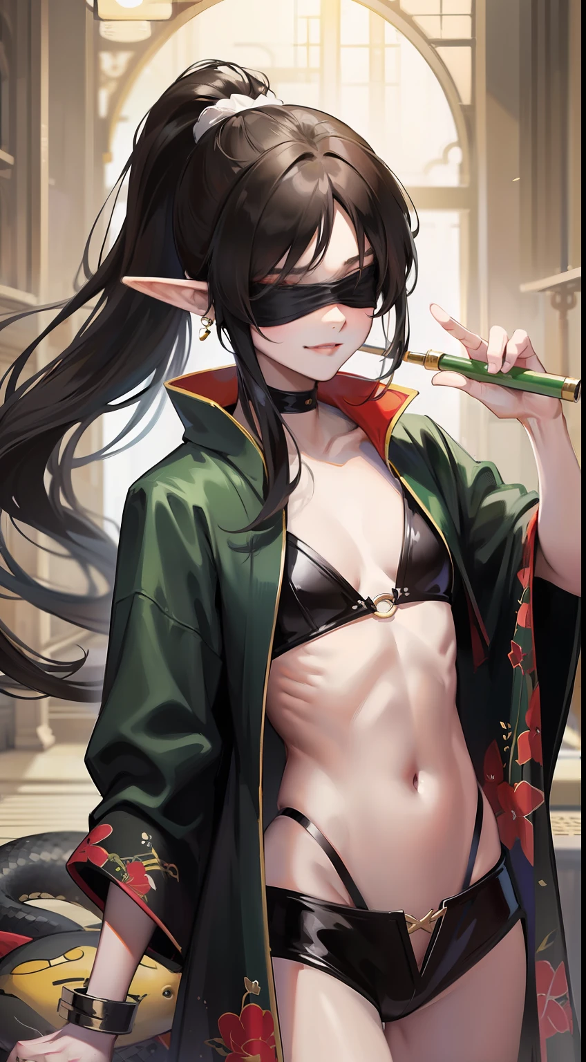 young boy, Long black hair, high ponytail, elf ears, covered eyes, blindfold, open kimono, open torso, flute, Snake, smirk, Masterpiece, hiquality