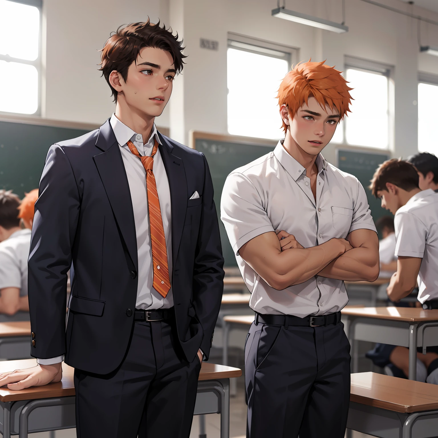 -yeld maadolescents with brown Latin skin and orange hair, estan en la escuela hablan preocupados sobre algo importante