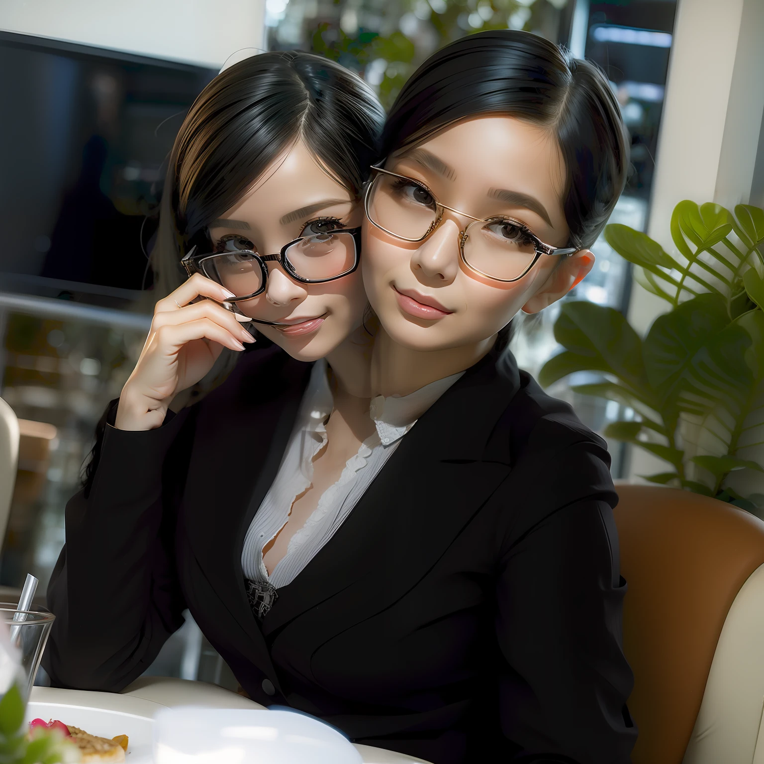 (((2heads))), one girl,  35 years old, asian, French, detailed eyes,  dressed as a secretary,  having lunch at her desk in her cubicle, black hair,  platinum blonde, glasses, fake plastic plant in corner