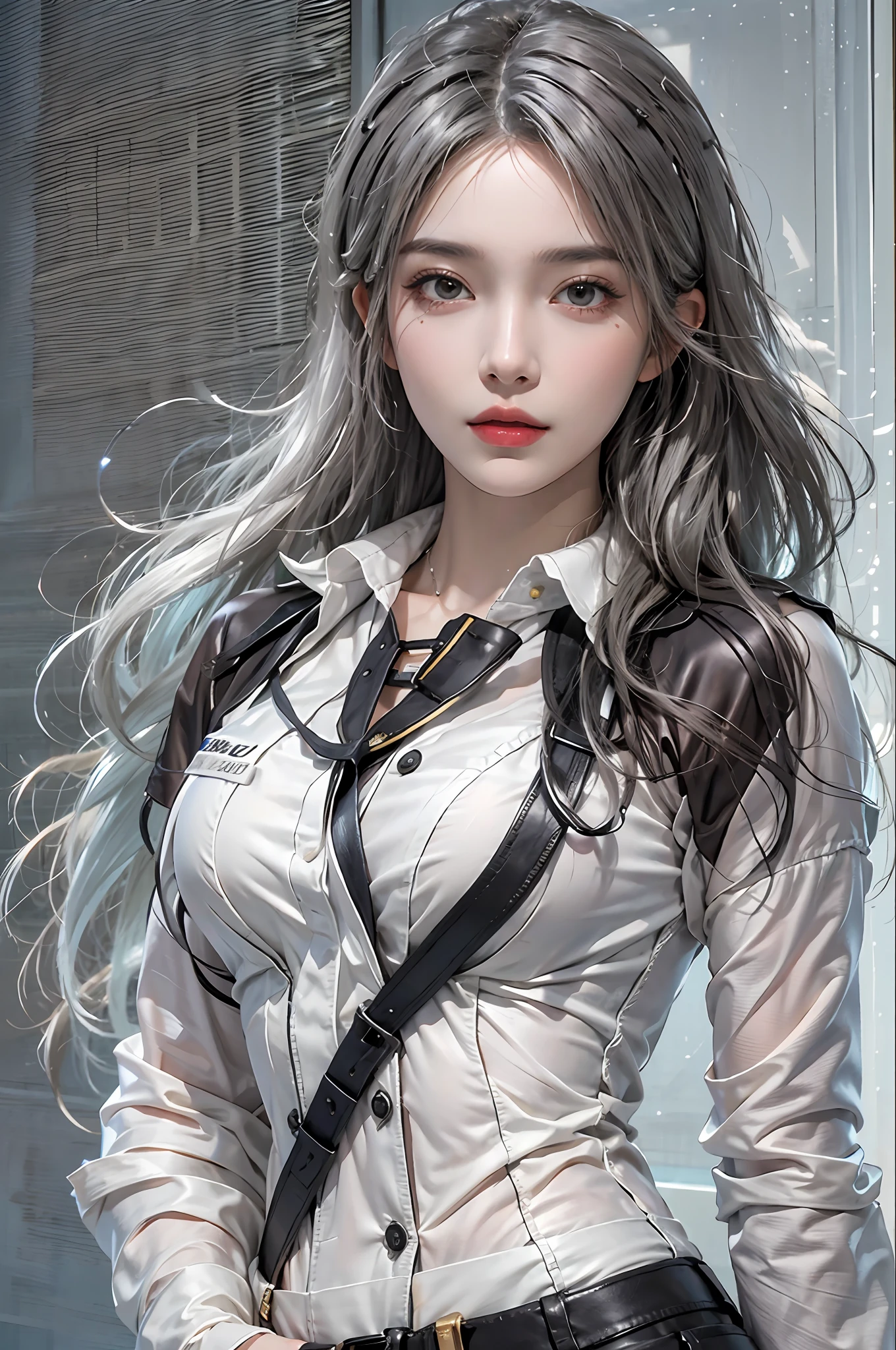 photorealistic, high resolution, 1women, solo, hips up, look at viewer, (detailed face), white hair, long hair, doctor outfit, stockings