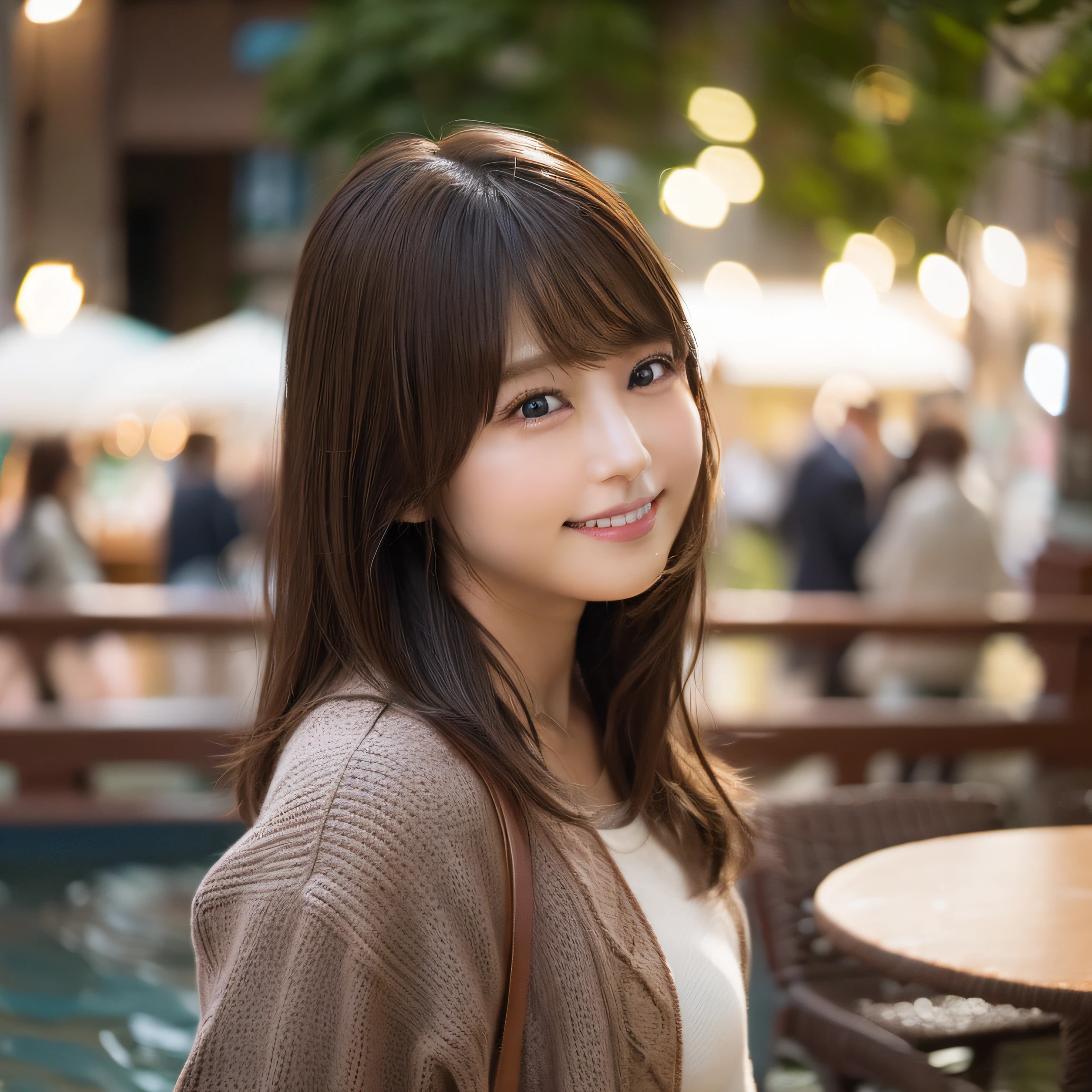 8K,Best Quality, 超A high resolution, (Photorealistic:1.4), Raw photo, (upper thigh, From Side:1.1), (Bokeh:1.4), (in a suite:1.４),Waterside Cafe, 1日本人の女の子, Cute, (Solo:1.6), (Shy smile), (Dark brown eyes), Smooth skin, (Brown medium hair,Bangs), (touch hair:1.4),nogizaka,a park,Fashionable clothes、Standing、Beautiful fingers