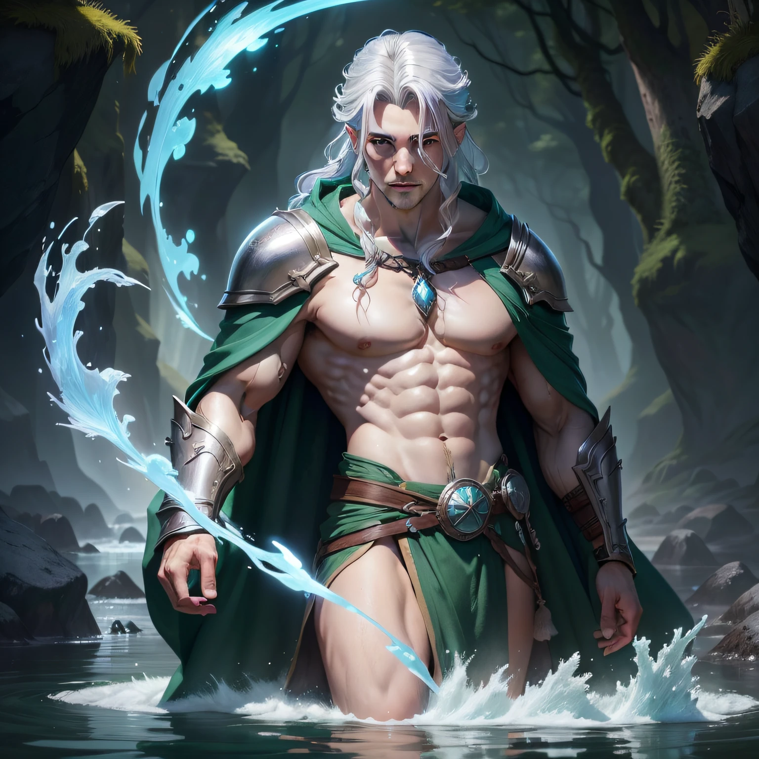 (EPIC ACTION: Young male water genasi druid) with (medium length silver hair), (light blue skin), (pet otter on shoulder) wearing (green robe), D&D style, (4k), (amazing background).