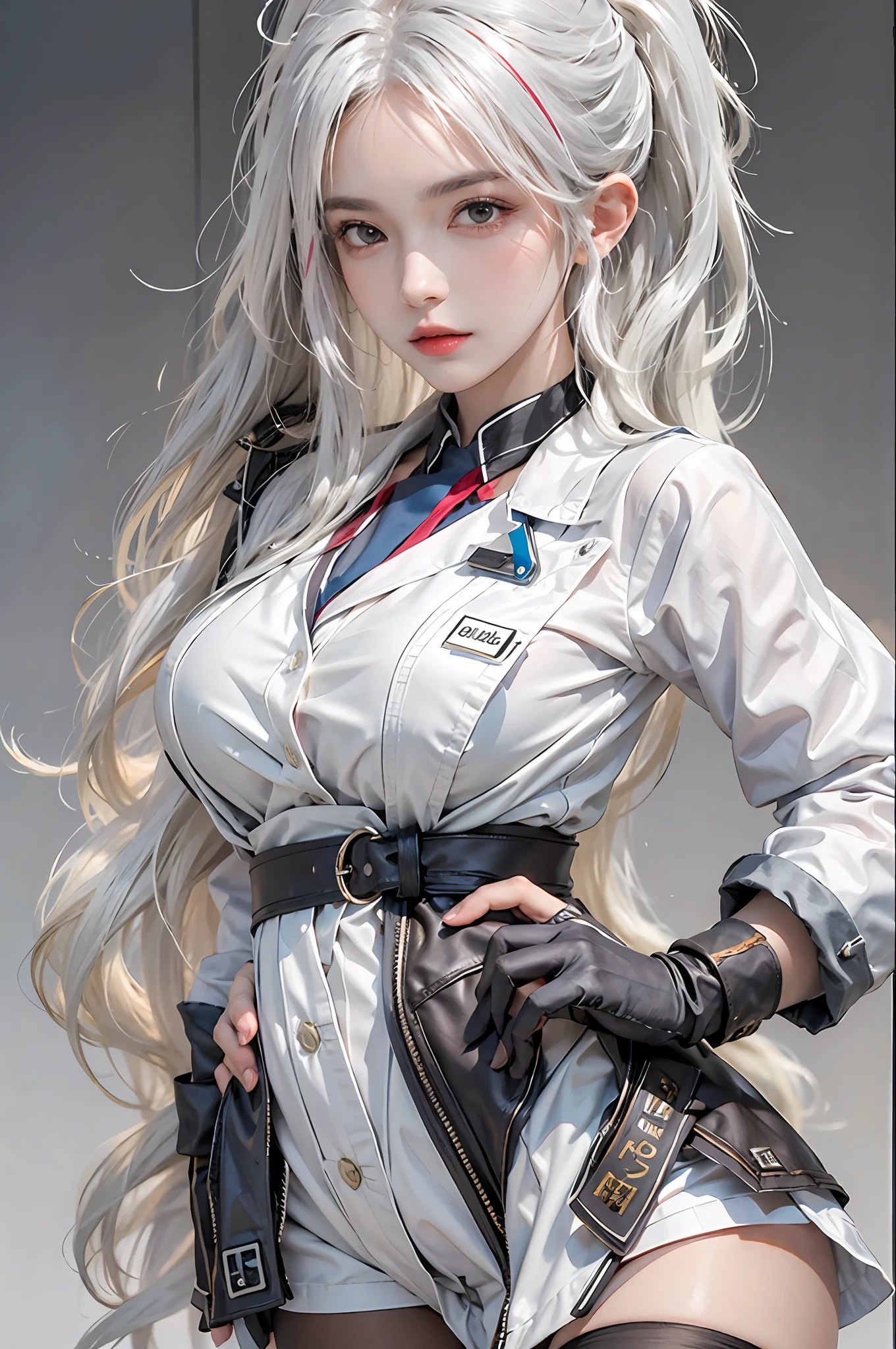 photorealistic, high resolution, 1women, solo, hips up, look at viewer, (detailed face), white hair, long hair, doctor outfit, stockings