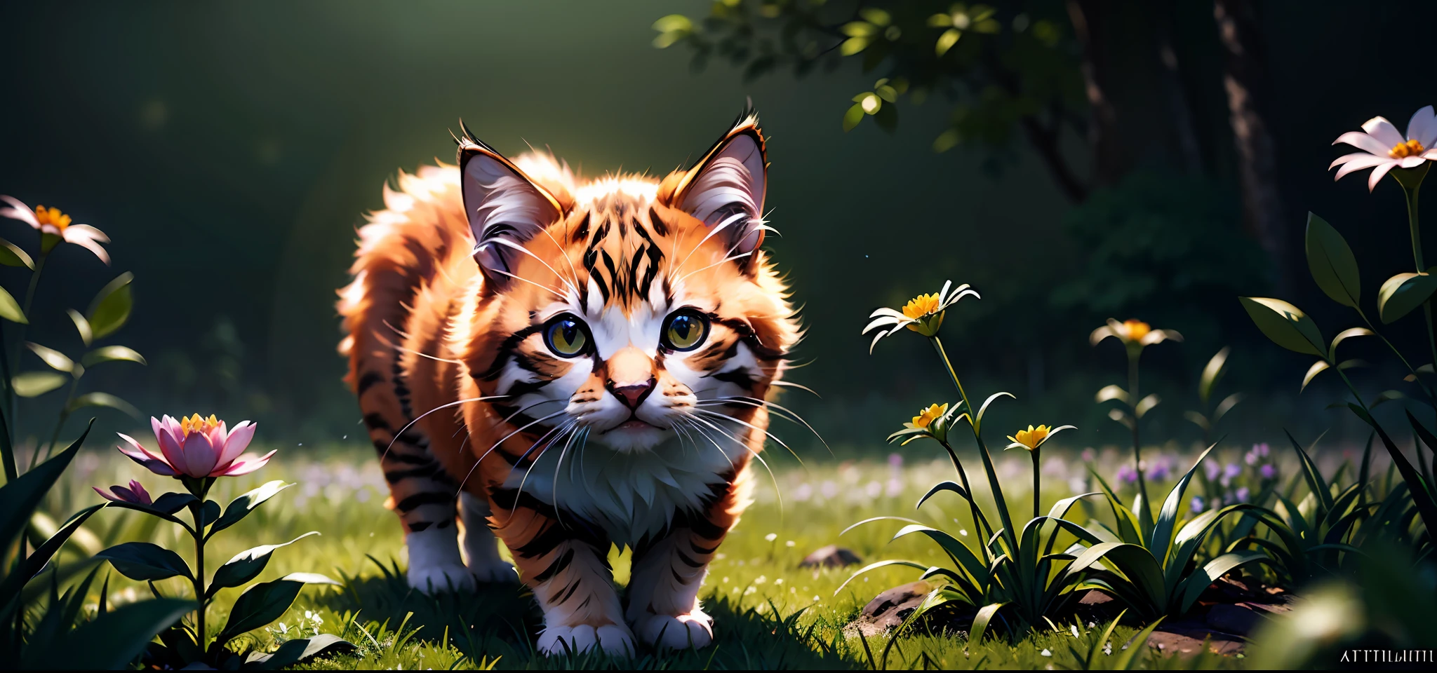 a stunning photo of a solo little kitten surrounded by plants in a flower meadow, 8k resolution concept art( intricate details:1.2), sunlight, (high quality:1.2), trending on artstation, 8k, absurdres, extremely detailed fur, (close up:1.1)