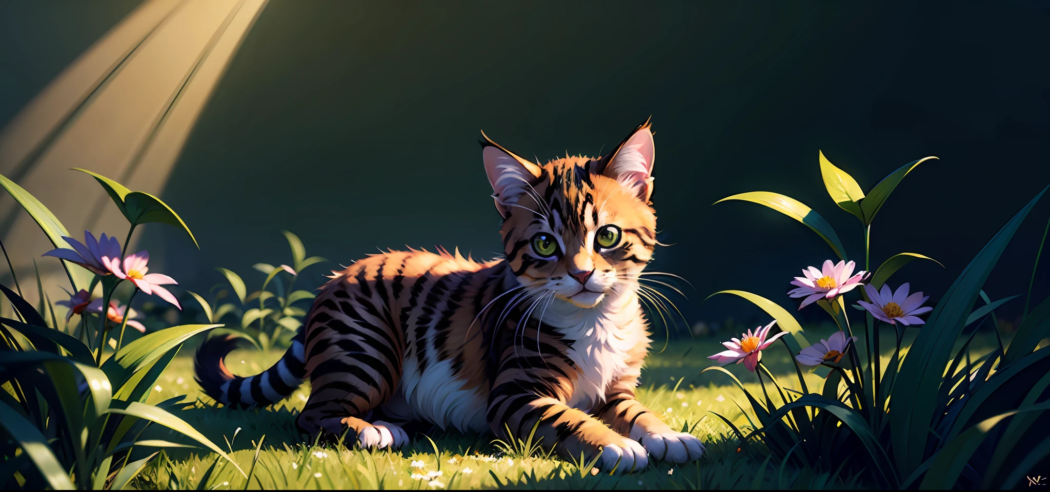 a stunning photo of a solo little kitten surrounded by plants in a flower meadow, 8k resolution concept art( intricate details:1.2), sunlight, (high quality:1.2), trending on artstation, 8k, absurdres, extremely detailed fur, (close up:1.1)