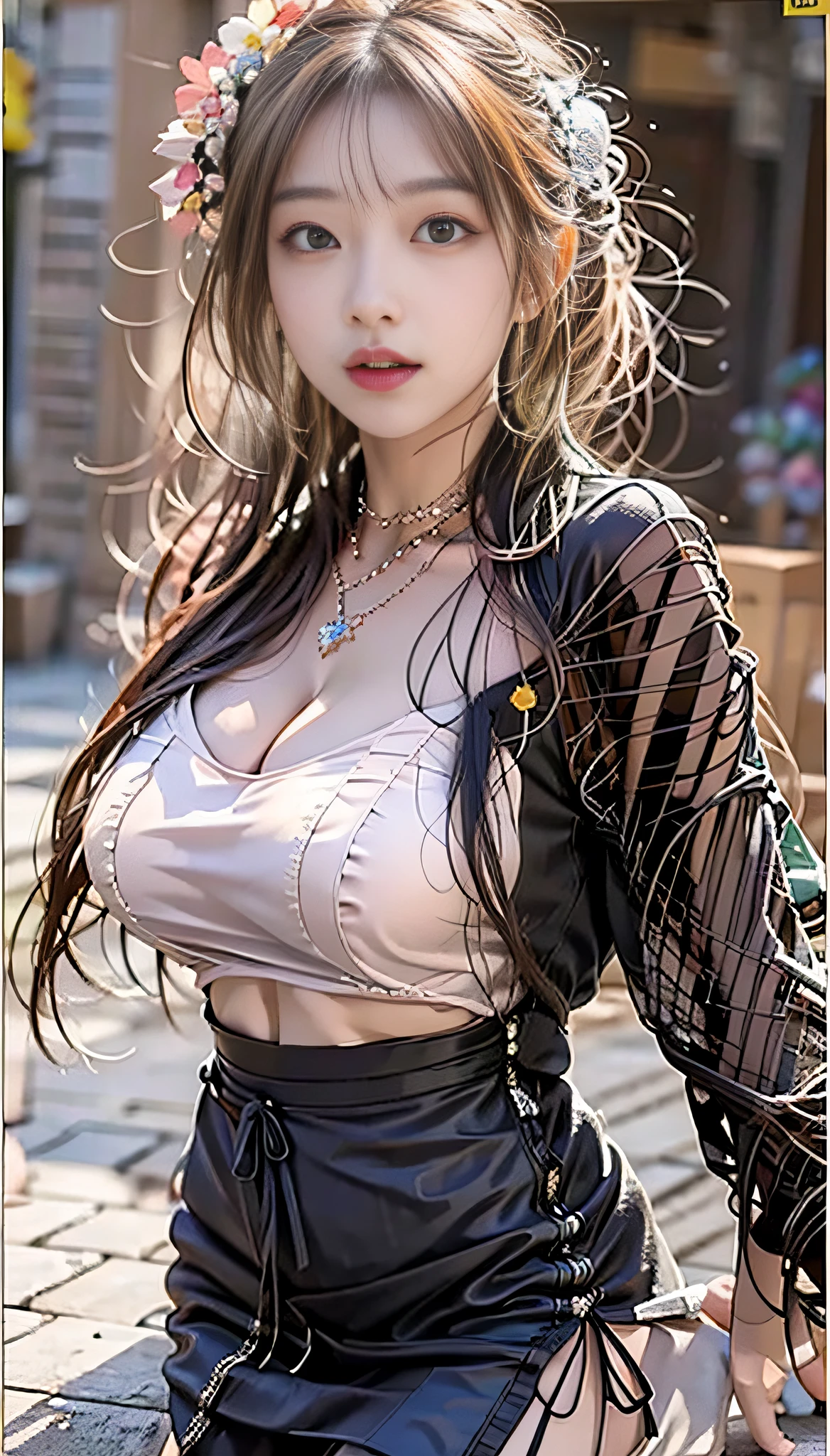 Full body close-up of a woman dressed in popular fashion,gorgeous young korean woman,street corner,Wear trendy fashion,Fashion shows,formal outfit,Rich expressions,Ambiguous,seductiv, beautiful Korean women, Korean girls, Beautiful young Korean woman, Beautiful Asian Girls,Popular fashion, korean woman, Lazy,asiagirl, beautiful asian woman, Good young girl, Blazing sun, nipple tops,hair adornments,choker necklace,jewely ,Attractive girl,(Casual hairstyle, No leakage of big breasts:1.3),perfect bodies,perfectly proportions,S-shaped body,二重まぶた,largeeyes,Pink lips,dimple,Shiny skin,sweat leggs,Huge buttocks,dynamicposes,from the front side,high qulity。4k,ultra-clear。high high quality