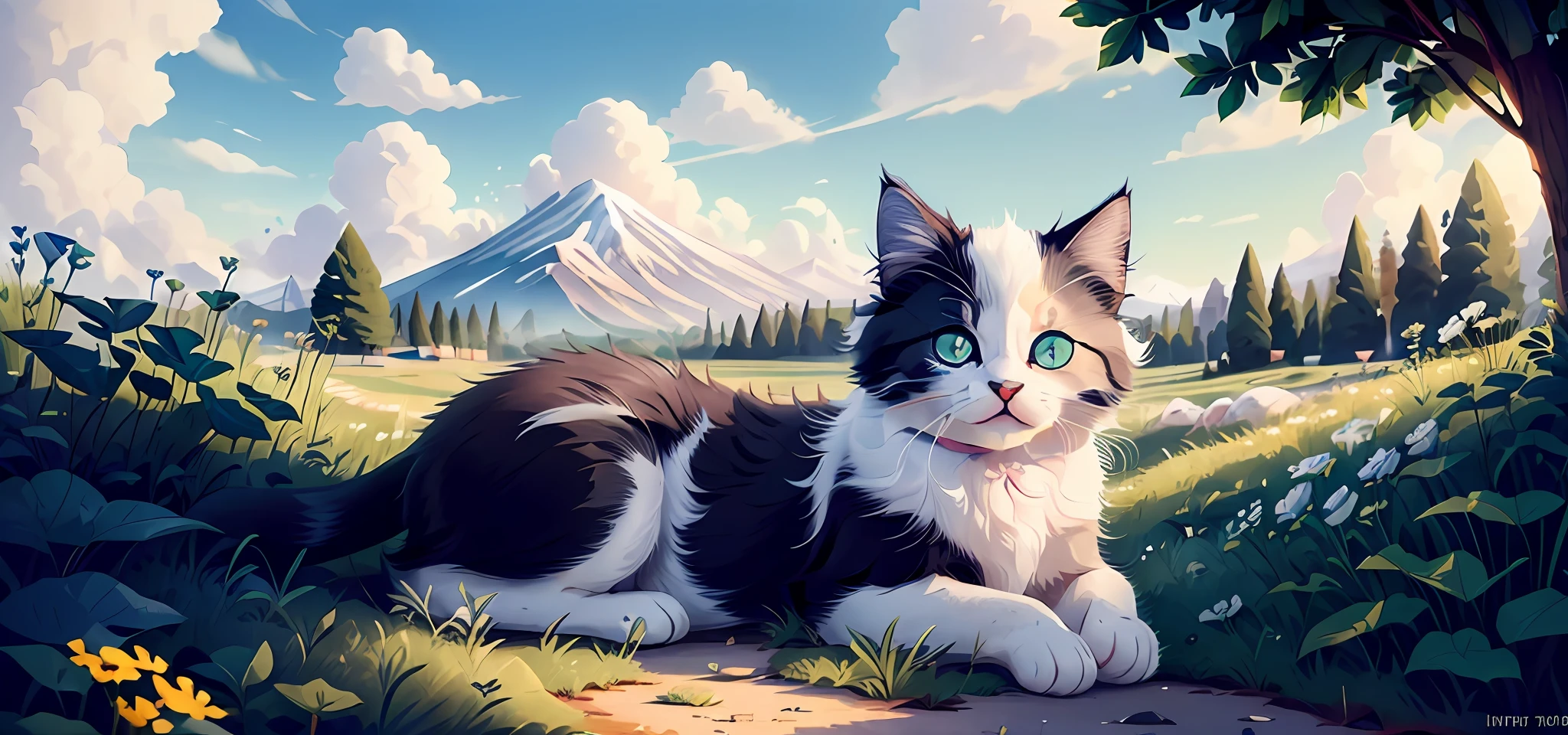 (a kitten with white hair, sapphire-colored eyes, and a pinch of black fur on its head enjoying the sun), flat view, close-up, meadow, bright tones, oxygen (1.2), gravel path (dreamy: 1.2)
