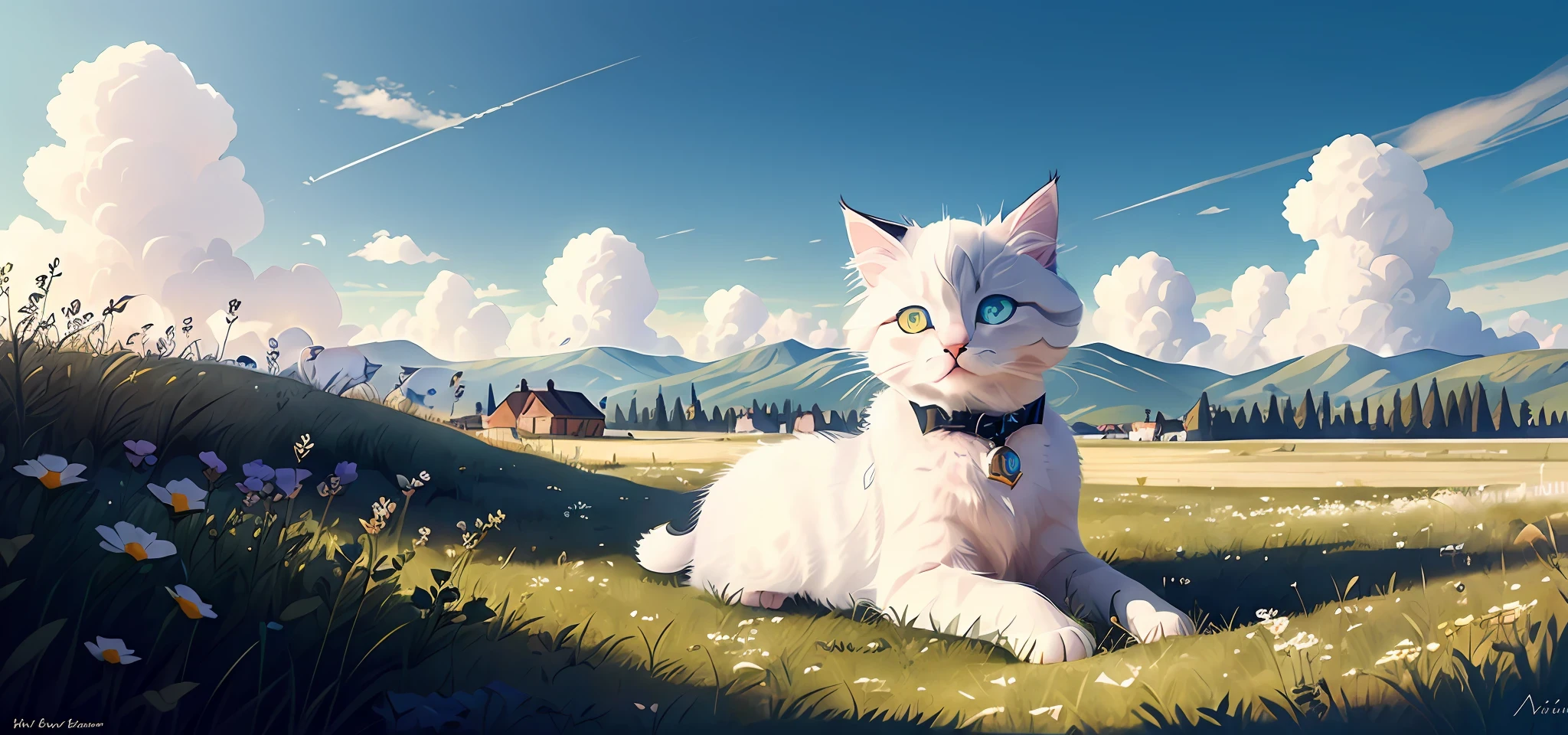 (a kitten with white hair, sapphire-colored eyes, and a pinch of black fur on its head enjoying the sun), flat view, close-up, meadow, bright tones, oxygen (1.2), gravel path (dreamy: 1.2)