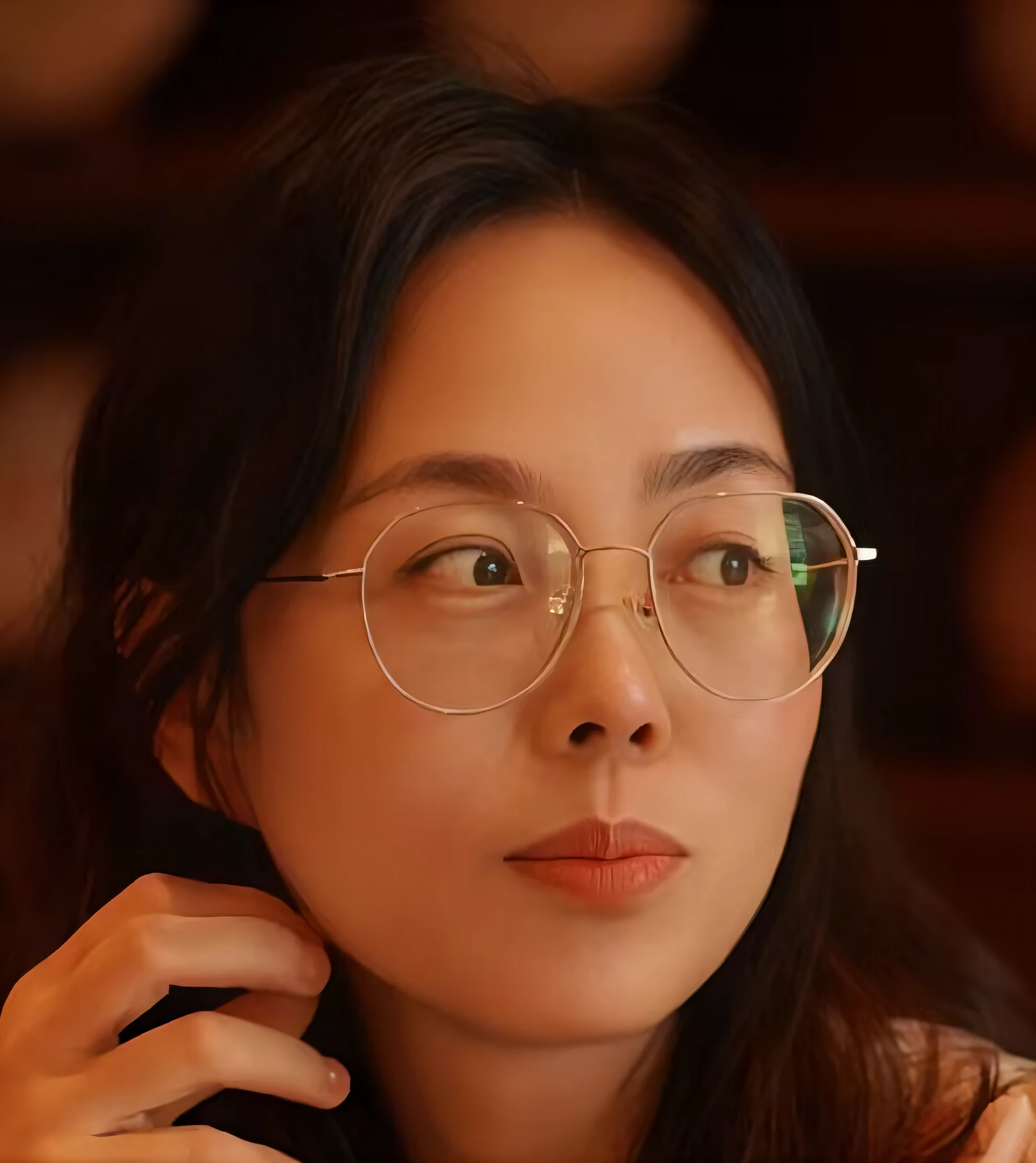 Close-up of a woman wearing glasses and a sweater, wearing thin large round glasses, wearing small round glasses, a girl with round glasses, high quality portrait, nft portrait, lofi portrait, chinese artist, With glasses, cover photo portrait of du juan, wearing round glasses, Inspired by Tang Yifen, portrait of christy ren, wenfei ye, Li Zixin