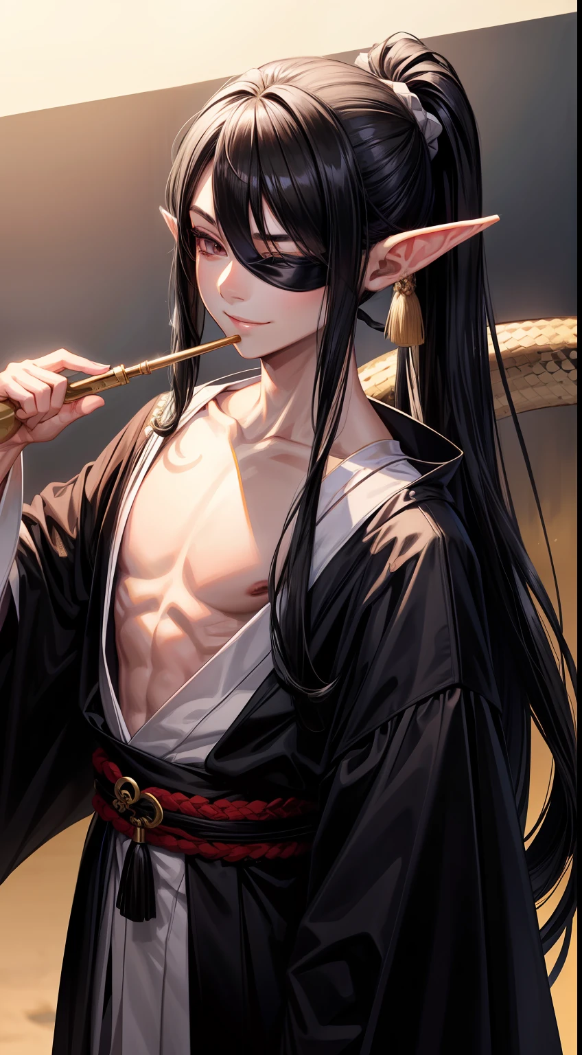 young boy, Long black hair, high ponytail, elf ears, covered eyes, blindfold, open kimono, open torso, flute, Snake, smirk, Masterpiece, hiquality