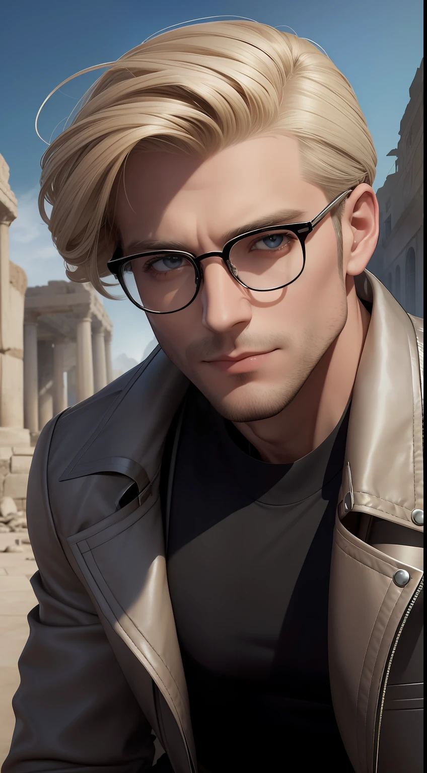 ((Close-up))A blonde man with glasses, with an intellectual and curious appearance. Ele tem olhos azuis brilhantes e uma barba por fazer. Veste uma jaqueta de couro marrom com bolsos e detalhes em metal, gray pants and thick boots. He carries a small technological device in his hand. Its setting is an abandoned planet, with ruins of ancient buildings in the background, And he's in an investigative pose, examinando os restos com interesse. The artwork will be a digital illustration with realistic details and contrasting colors to highlight the character's curiosity. --AR 16:9 --V 5