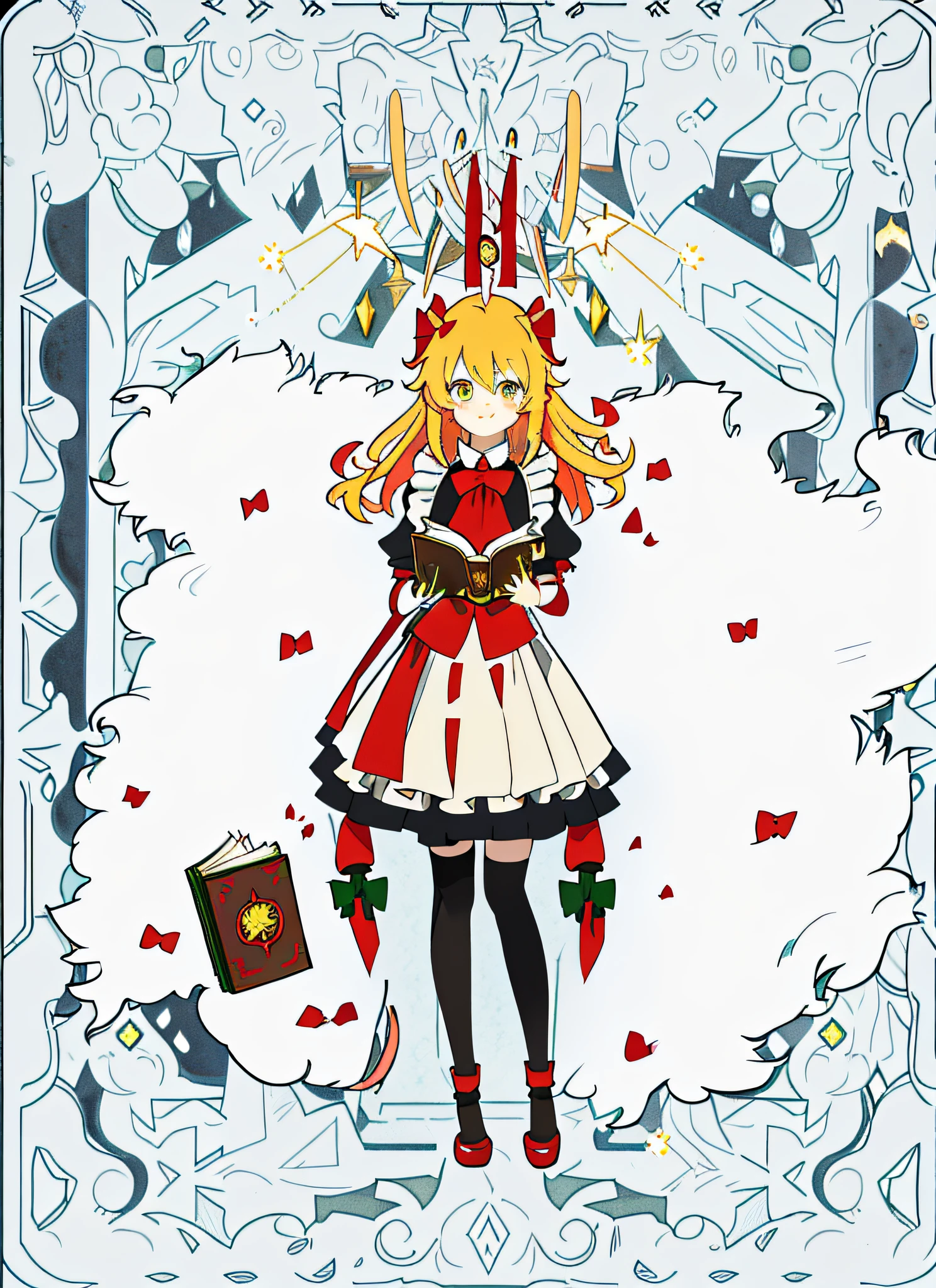 blond hairbl，dishiveredhair，There is a large red bow on the head，Dressed as a maid，It gives a young and cute feeling，Leprechaun Wings，Holding a book，Fusion of the Dragon King Ninja Goto art style+A girly style created by Yuki Ogura，style de carte de tarot，Yellow moderation in tarot cards