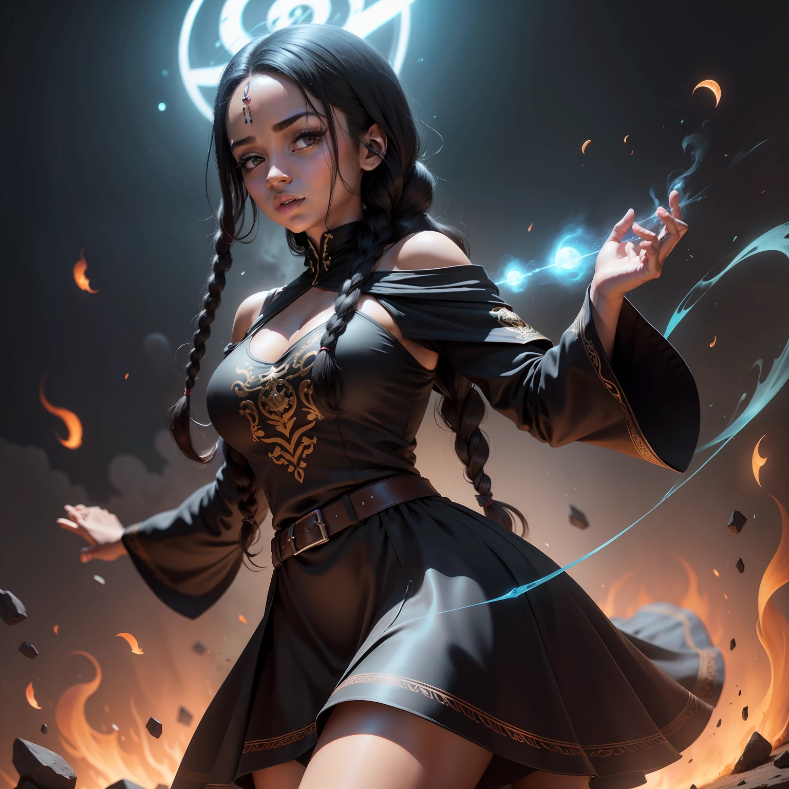 mulher madura negra, 35 anos, pele negra, standingn, long black hair with braids,usando vestido rico em detalhes magicos, casting a spell, good ambient lighting, escola de magia, acompanhada por um gato siames, Ambiente externo, vestido brilhante, brown skin, Combat Position, energia magica ao redor,  brilhos, luzes, gato fantasma. Casting illusory magic.