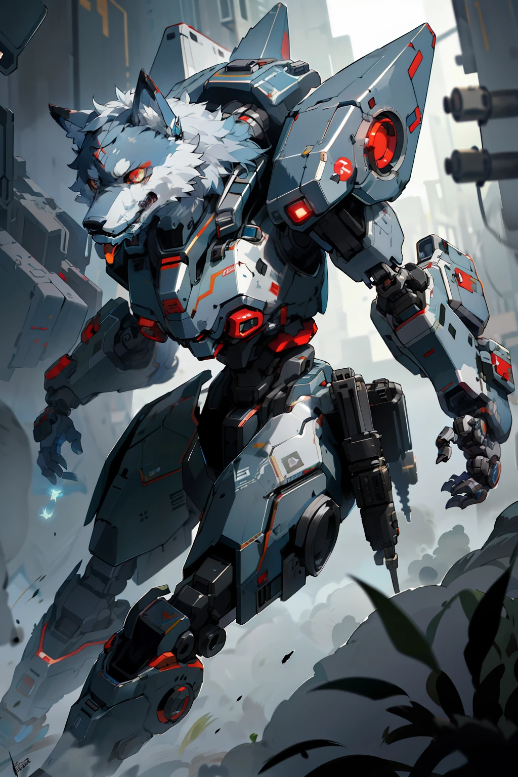 there is a robot with a wolf head and a red eye, good boy giant mecha wolf hound, mecha animal, wolf armor mech, mecha art, cool mecha style, mecha inspired, alexandre ferra mecha, mecha hound, painterly humanoid mecha, medical mecha canine, mecha suit, female mecha