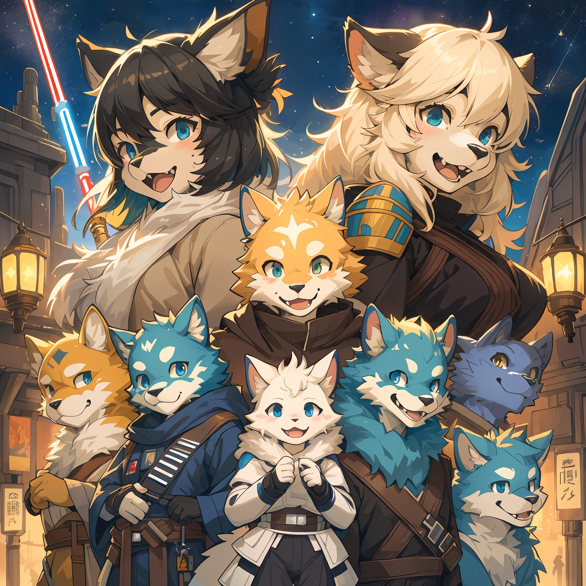 dynamic angle, top quality, best quality, High-quality illustrations, masterpiece, super high resolution, detailed background, detailed background, STAR WARS, group shot:0.1, 6+boys, 6+girls, Happy, joyful, absurdres(highly detailed beautiful face and eyes)perfect anatomy(kemono, furry anthro),