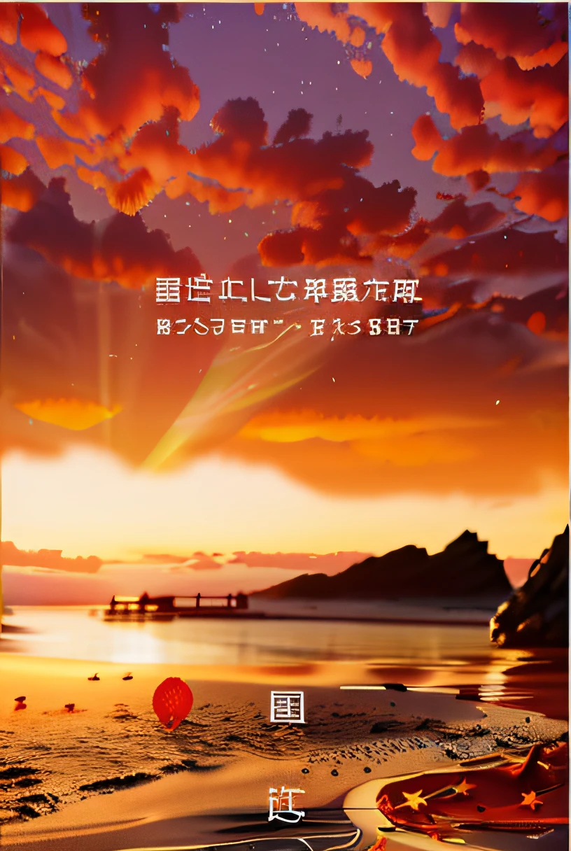 "Sunset beach background,Text overlay Chinese middle,illustratio: Chiba Yuda、cover,inspired by Li Song。The bottom has a red flag of stars that blend with the sand,Children playing happily next to them。"