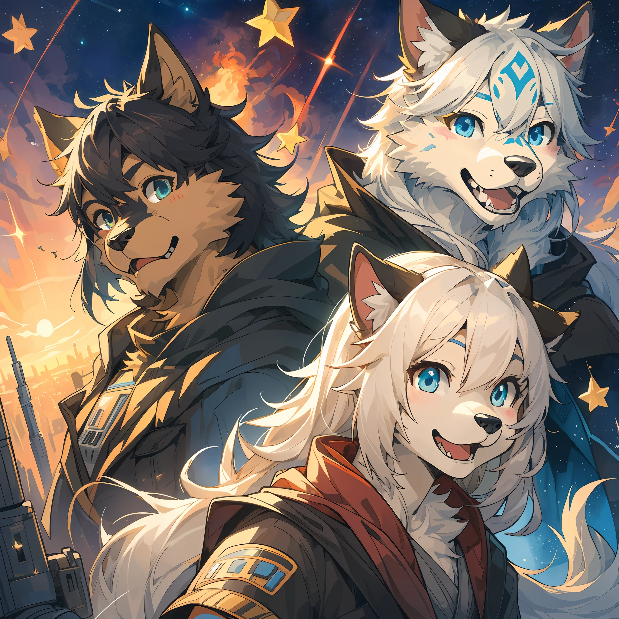 dynamic angle, top quality, best quality, High-quality illustrations, masterpiece, super high resolution, detailed background, detailed background, STAR WARS, group shot:0.1, 6+boys, 6+girls, Happy, joyful, absurdres(highly detailed beautiful face and eyes)perfect anatomy(kemono, furry anthro),