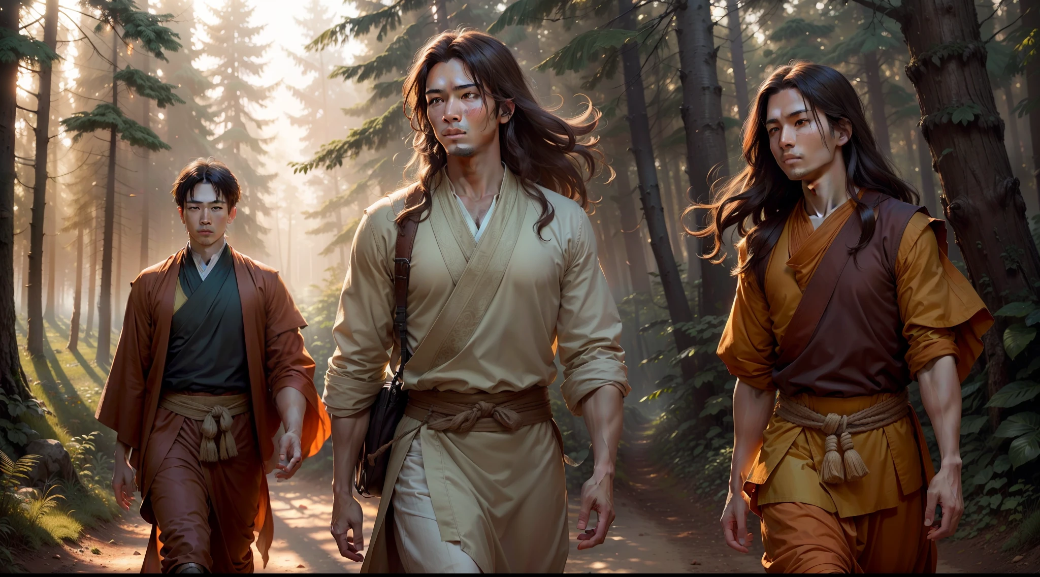drawing, ultra realistic, 8k, extremely detailed, high quality, natural light image, daylight, sunlight floor light, ultra realistic image, realistic texture, extremely detailed, realistic texture, high quality, 2 Asian men 20s, long brown hair floating in the wind, wearing orange and green tunics Tibetan monk style, walking on the coast, side by side, on a dirt road, in the surroundings beautiful colorful forest, at sunset, ultra realistic photo, perfect face details, good texture of skin, perfect shadows and light, sunbeam penetrating the forest