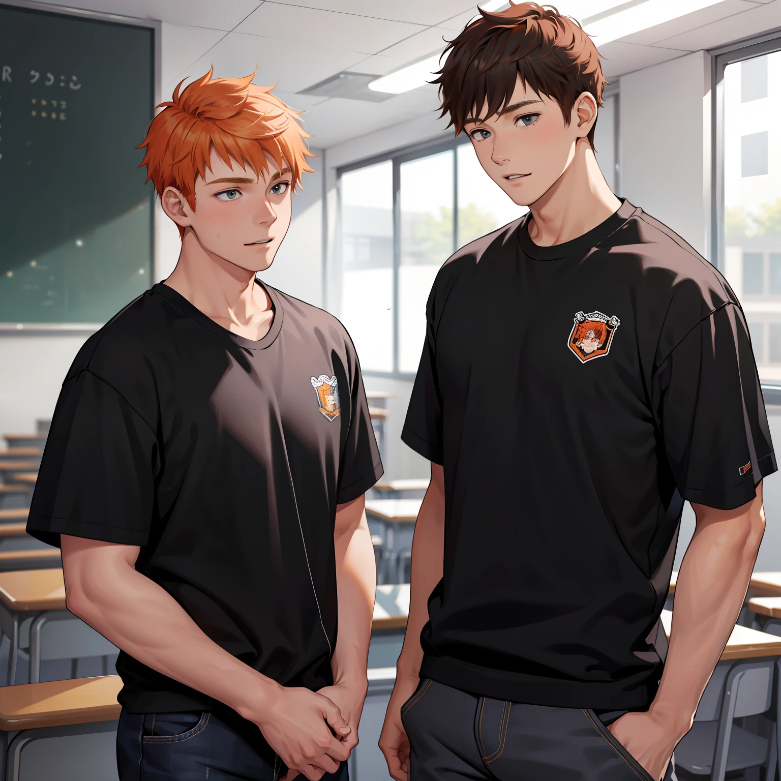 Two 15-year-old orange-haired teenage friends chatting at school share a secret that they're almost friends with siblings... (usar los mismo personajes)