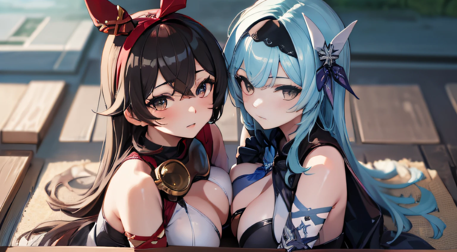 , , (2 Girls 1.4), (1st party using lora1 Keqing Genshin Effects), (The 2nd person uses lora2 Ganyu Genshin has two horns............................)Two women were sitting on the floor and one was holding a knife in hand.................................., One woman carries another woman.................................., Sit with your wrists together.................................., Two beautiful girls in love, Two women.................................., Lesbian Art, Homosexual girl groups, Handshake, vector art illustration, flat illustration, Flat shading illustration, Lie down with your wrists together.................................., two girls, lesbian, Embrace Lesbians,(2:Girls together...................................), (NSTDA.:1.2), (10, beste-Qualit, master-piece: 1.4), ultra-high resolution, (lifelike, photorealistic portrait: 1.48), 25 years old, Cute Girl, (See through the bikini beetle), Famous Japanese actors, beautiful clear eyes, G Cup Big Breasts, Head tilt., cowboy shot, from the side, looking at the audience, expressionless, Beautiful lake, Zeiss 150mm F/ 2.8 Hasselblad, Around the lake there are high mountains surrounded by striped mountains....................................., Whole body, foot, Ultra-Wide Angle, The backyard is a beautiful sea....................................................................................... ,