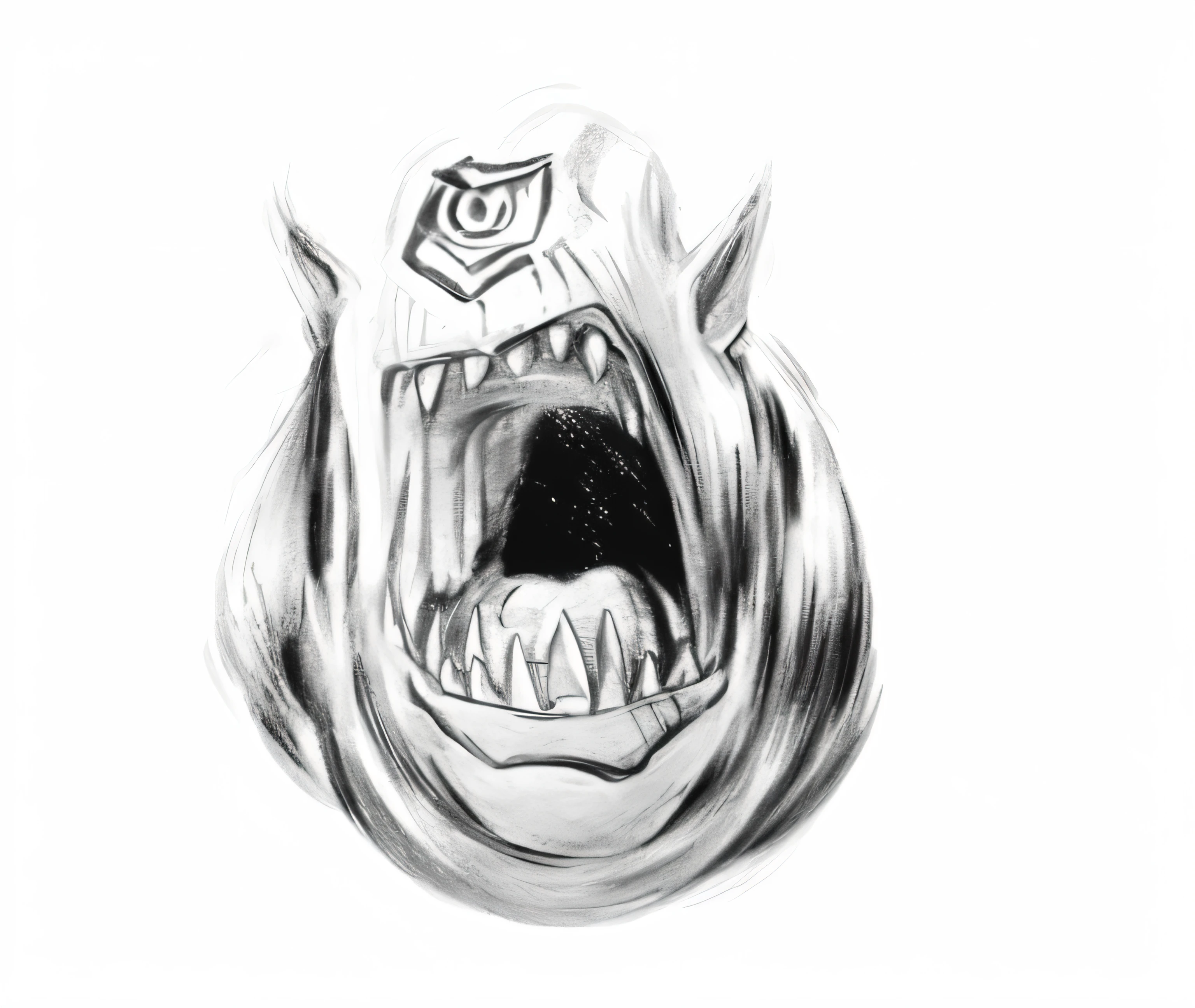 desenho preto e branco de um cyclop, Troll with open mouth and a big toothy face, intimidating expression, Orc, arte conceitual monstro, Monster of doom, arte escura altamente detalhada, Highly detailed illustration, High detail illustration, arte detalhada limpa, desenho preto e branco, escudo de motoclube, remendo, bordado, A fearsome cyclops, musculoso, Olho de ciclope, Traces the contours of the cyclops' cheekbone, culminando logo abaixo do olho. This fusion of the formidable nature of the Cyclops, e a tatuagem de raio exala um poder primordial, hinting at an untold story, arte detalhada limpa, desenho preto e branco, escudo de motoclube, remendo, bordado