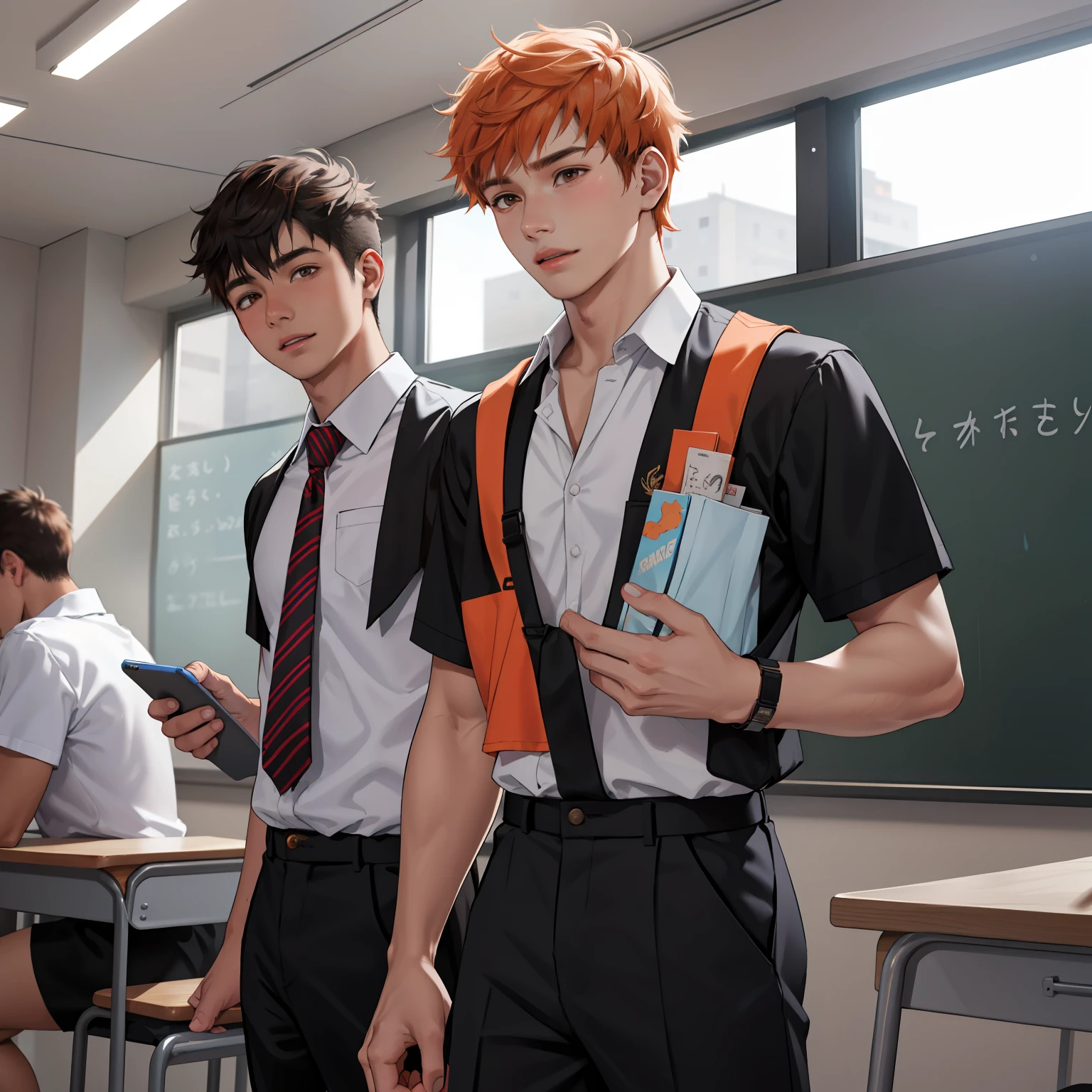 15-year-old male adolescents with brown Latin skin and orange hair, estan en la escuela hablan preocupados sobre algo importante