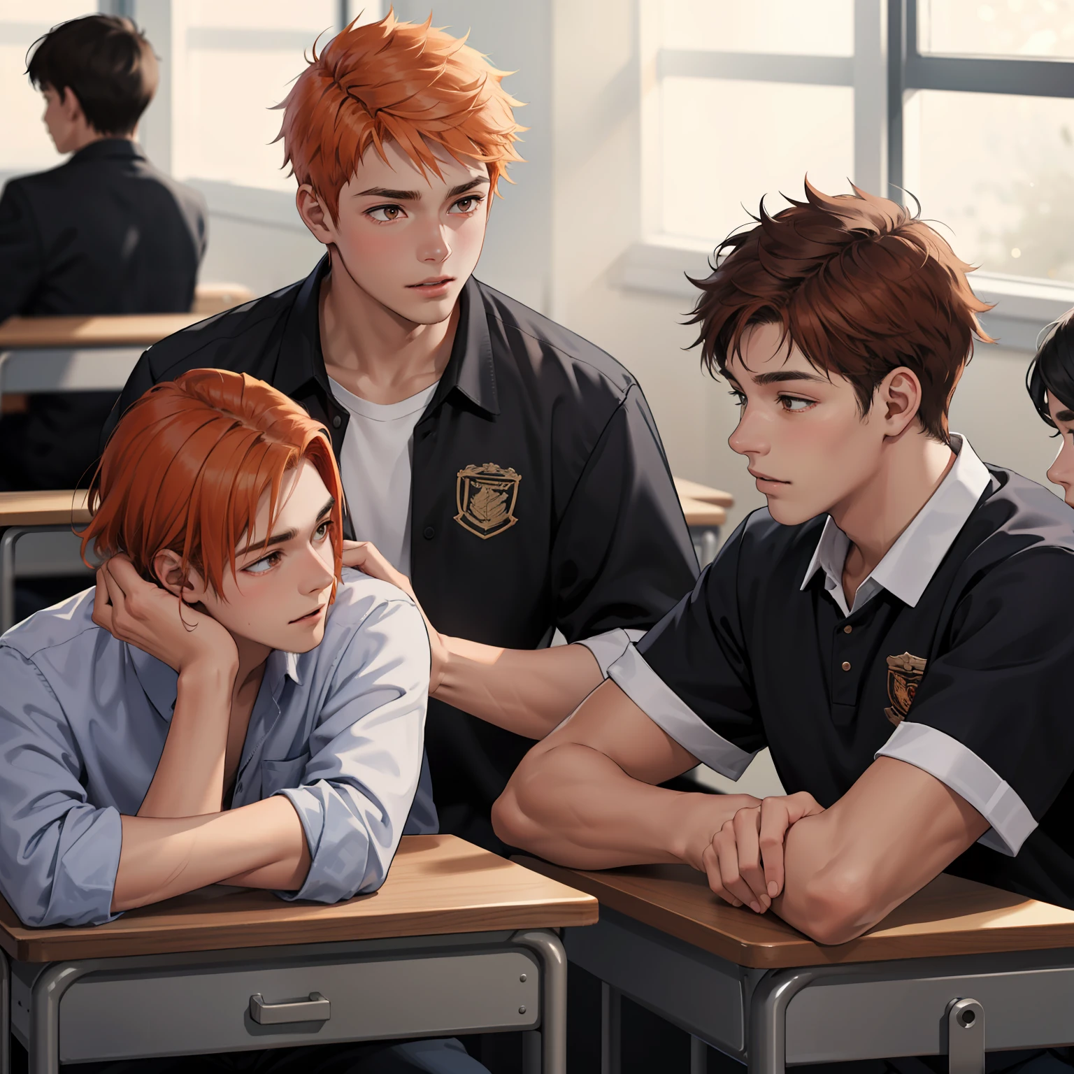 15-year-old male adolescents with brown Latin skin and orange hair, estan en la escuela hablan preocupados sobre algo importante