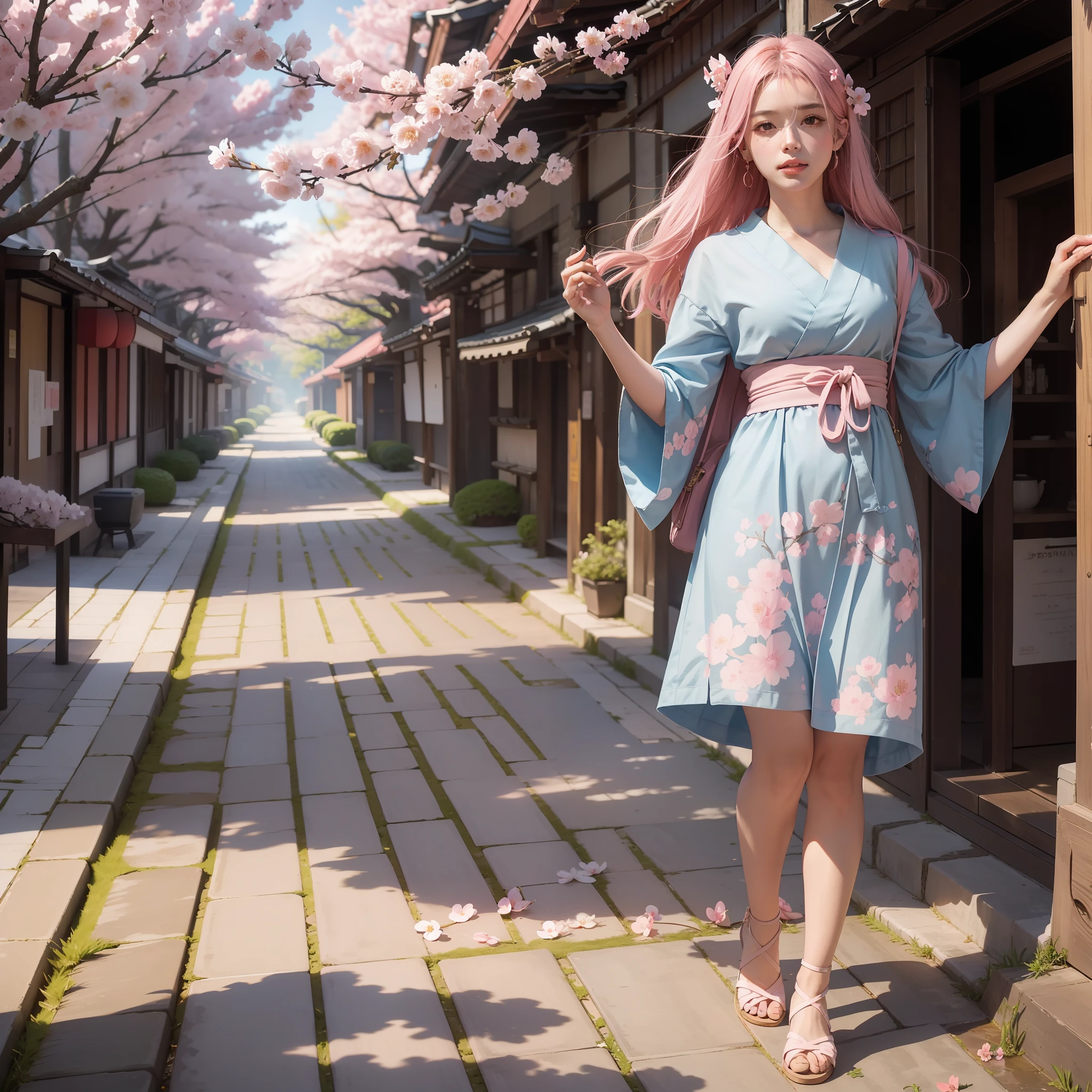 Alley against a flourishing pink sakura, Highly artistic scene, High resolution, foco nítido, hiperfotorrealismo, luz del sol, Brillo suave, Enfoque suave, photography technique Monocle, entrada a una tienda de comida japonesa, templos por todas partes luz proveniente de la tienda con un letrero en japones en la entrada.