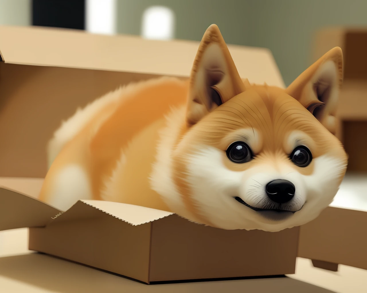 a photo of a cute ((doge)) with a box of pizza, soft render, low detail, ultra graphics, cinematic dramatic light, advanced perspective, colourful, happy, bokeh