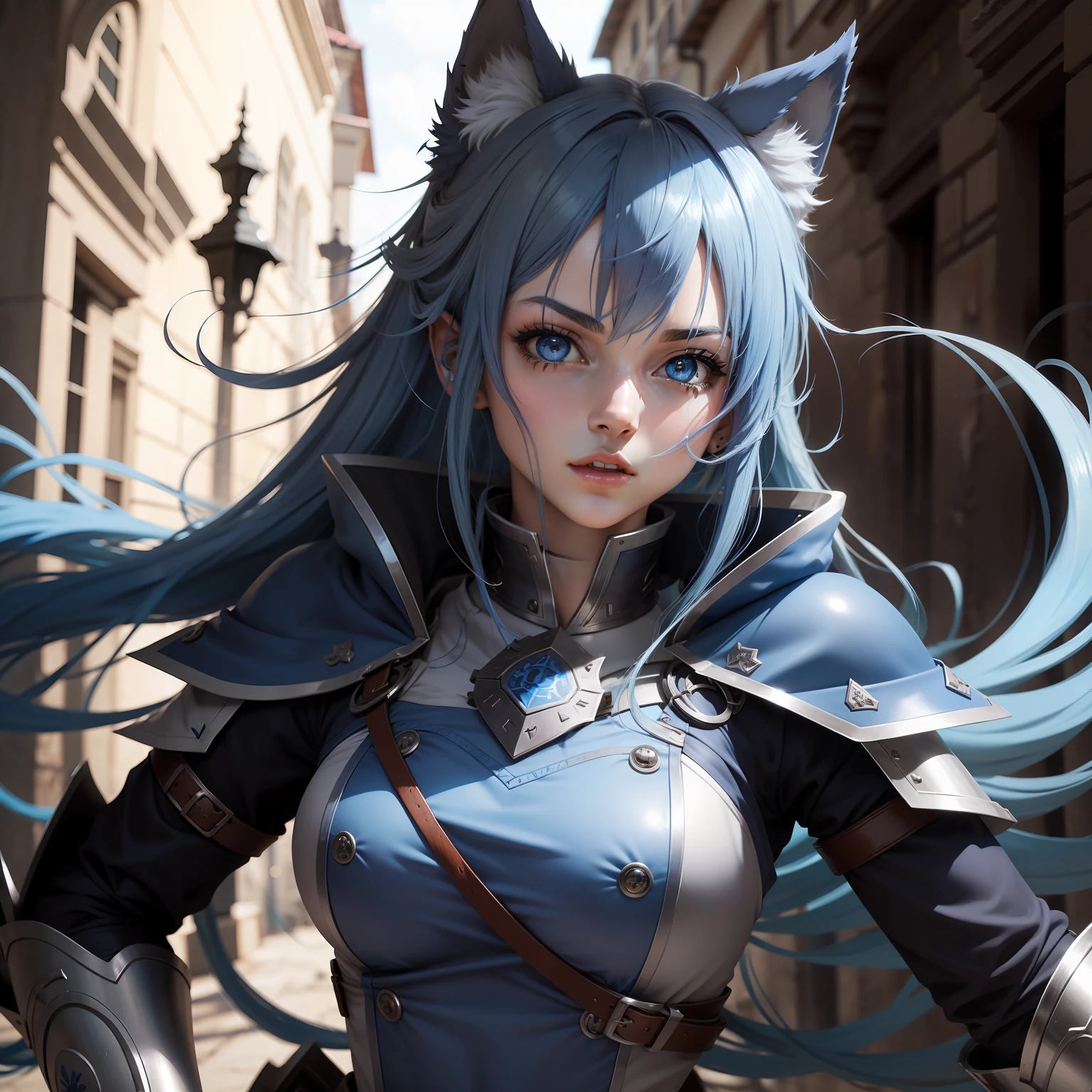 Wolf menina anime azul cabelo longo olhos vermelhos arqueiro roupas busto grande