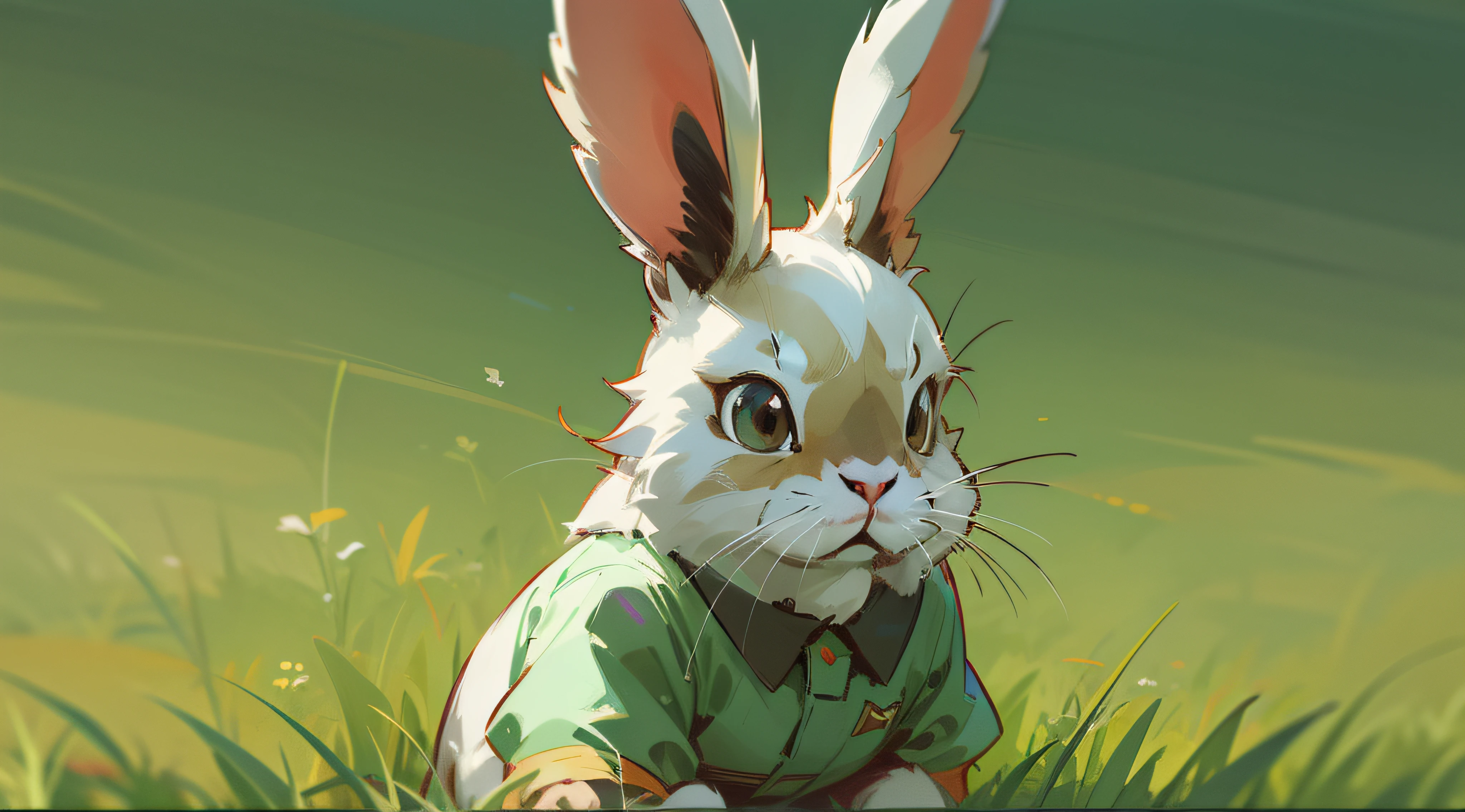 Comic book style style，A rabbit，Long ears，adolable，Squat on the grass，tmasterpiece，A high resolution，8k