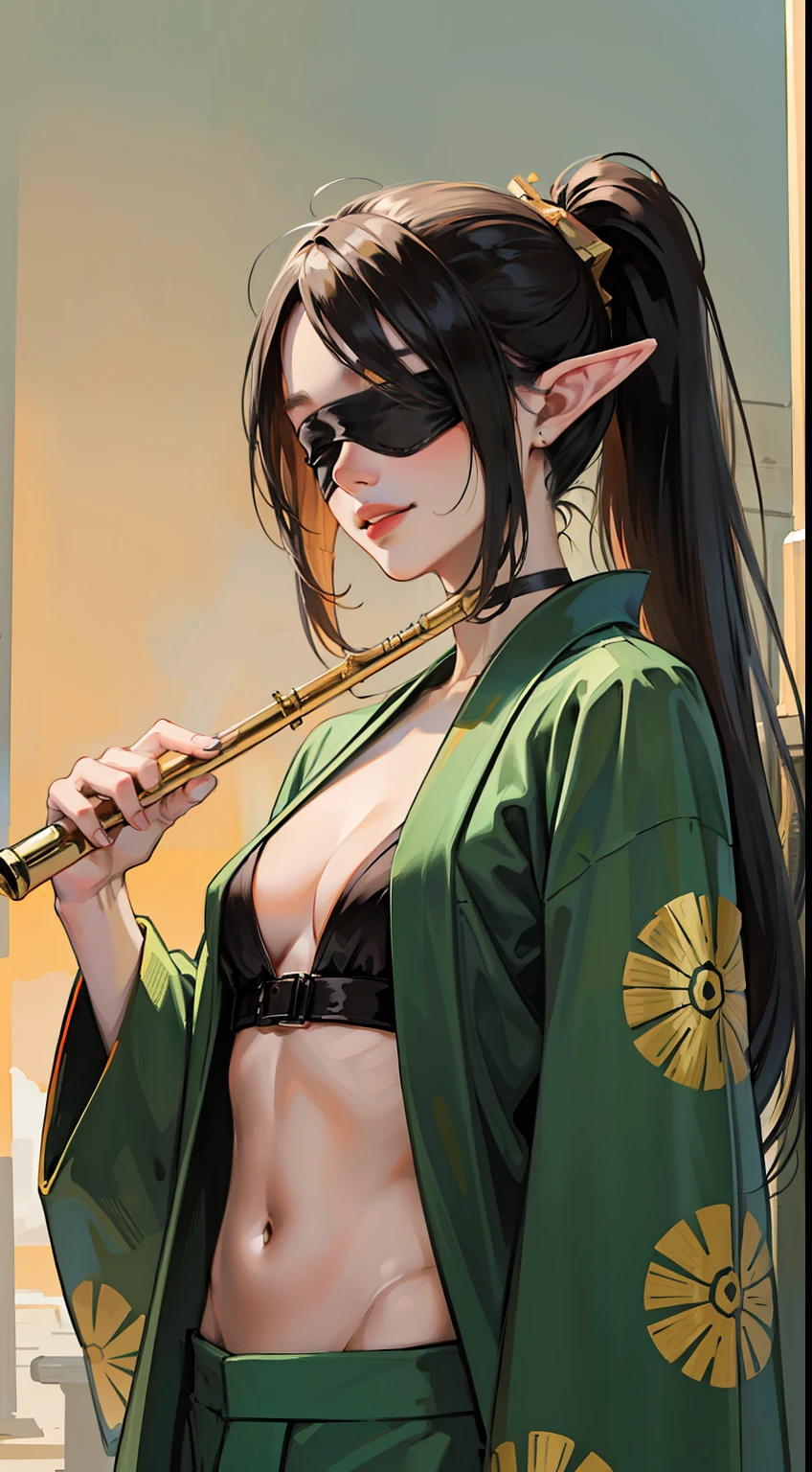 young boy, Long black hair, high ponytail, elf ears, covered eyes, blindfold, open kimono, open torso, flute, Snake, smirk, Masterpiece, hiquality