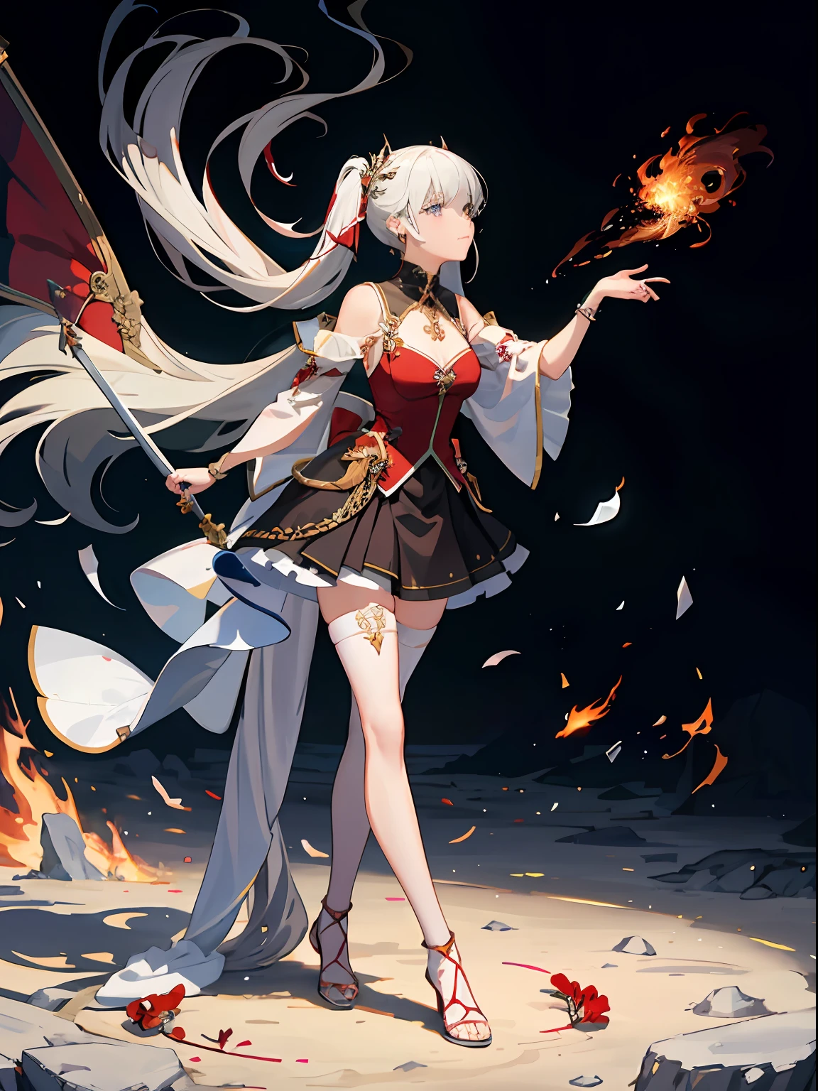 (Best quality) (Masterpiece), (Detailed background, Fantasy world), (Beautiful detailed face:1.5), Flow-eyed dragon, Smoke, Flames, spark of light, Flying debris, Intelive Action, 1girll, Full body in red armor, Walk, 看at viewer,Holding a sword,Full body beauty,whaite hair,Pointed face,floated hair,Blue eyes,dynamic angle,blood splattere,sunraise,fully body photo，White color hair，blackstockings