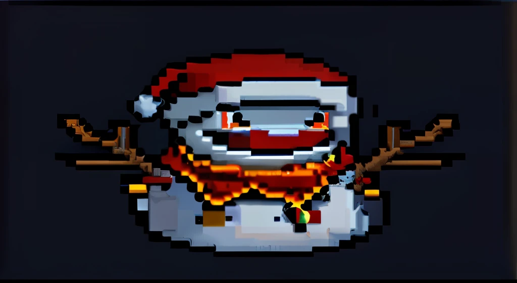 A pixel snowman wearing a red hat and scarf，Two sticks in his hand, frosty, chilly dark mood, winterthorn blessing, minion as a darksouls boss, author：Master of Han Chinese, pixel art sprite, [[[[grinning evily]]]], slightly pixelated, expressioness, /r/pixelart, style of the game rimworld, character icon