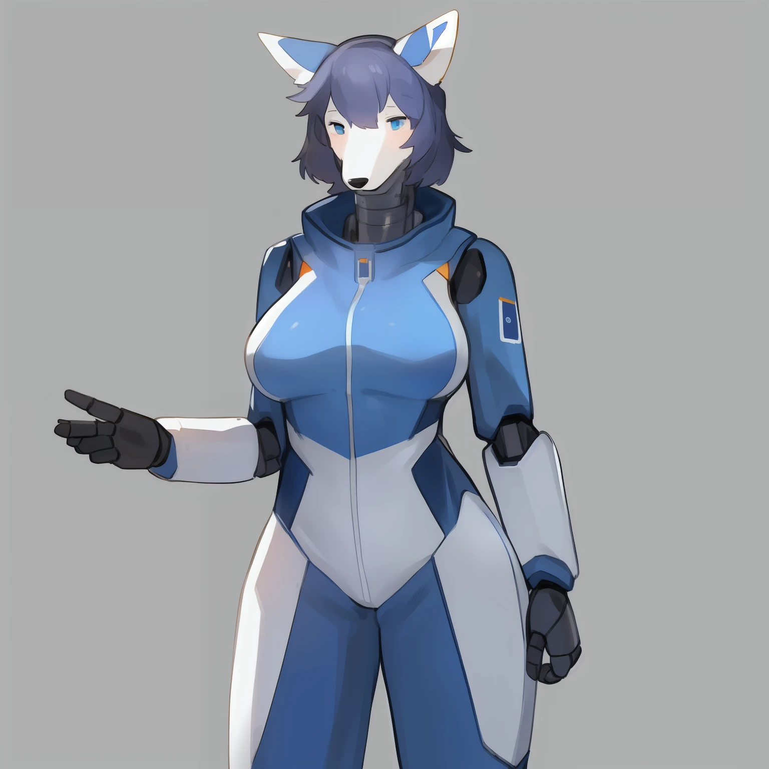 By bebebebebe, solo, female, breasts, animatronic, canine, ((snout, hair)), robot, blue military spacesuit, standing