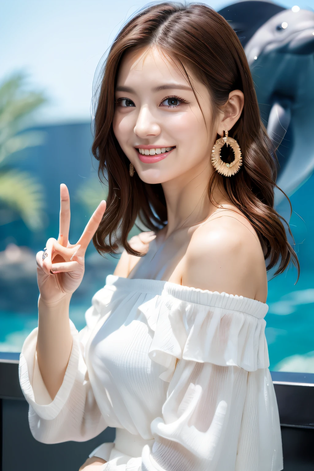 (masterpiece:1.3), high resolution, ultra detailed, extremely detailed CG unity 8k wallpaper, realistic, photo-realistic, RAW photo, beautiful detailed face, pale skin, realistic glistening skin, detailed cloth texture, detailed hair texture, Perfect Style, Beautiful Face, accurate, Anatomically correct, Highly detailed face and skin texture, natural neck length, (thin and beautiful fingers),
BREAK,
Detailed eyes, symmetric eyes, Brown eyes, Double eyelids, Thin eyebrows, (Glossy lips:1.4), (smile:1.1),
BREAK,
((Innocent and Cute girl:1.3)), ((wearing a off-shoulder White blouse:1.4)), (beautiful clavicle), (Gold strings belt), (denim pants:1.2), (cross strap high heels:1.2),
(necklace, bracelet), ((clutch bag over shoulder, large hoop earrings, pinky ring:1.2)), (beautiful blue nails)
BREAK,
Layered Hairstyle, (brown hair:1.2), (wavy hair:1.2), medium long hair,
large breasts, (firm breast), (nicely shaped breasts:1.1),
BREAK,
((peace sign pose In front of the dolphin show venue of aquarium:1.2)), (looking at viewer),
BREAK,
((Upper body:1.2)), (Focus on face:1.2), (from side),