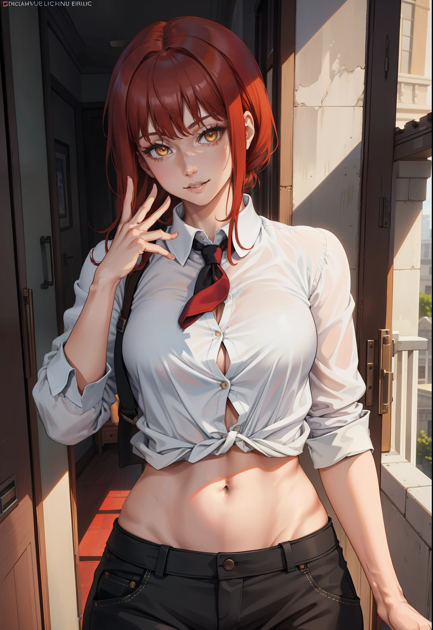 (masterpiece, best quality:1.2), solo, 1girl, red hair, yellow eyes, makima,, unbuttoned shirt with collar, on the chest, a lot of, black unbuttoned pants, wide hips,